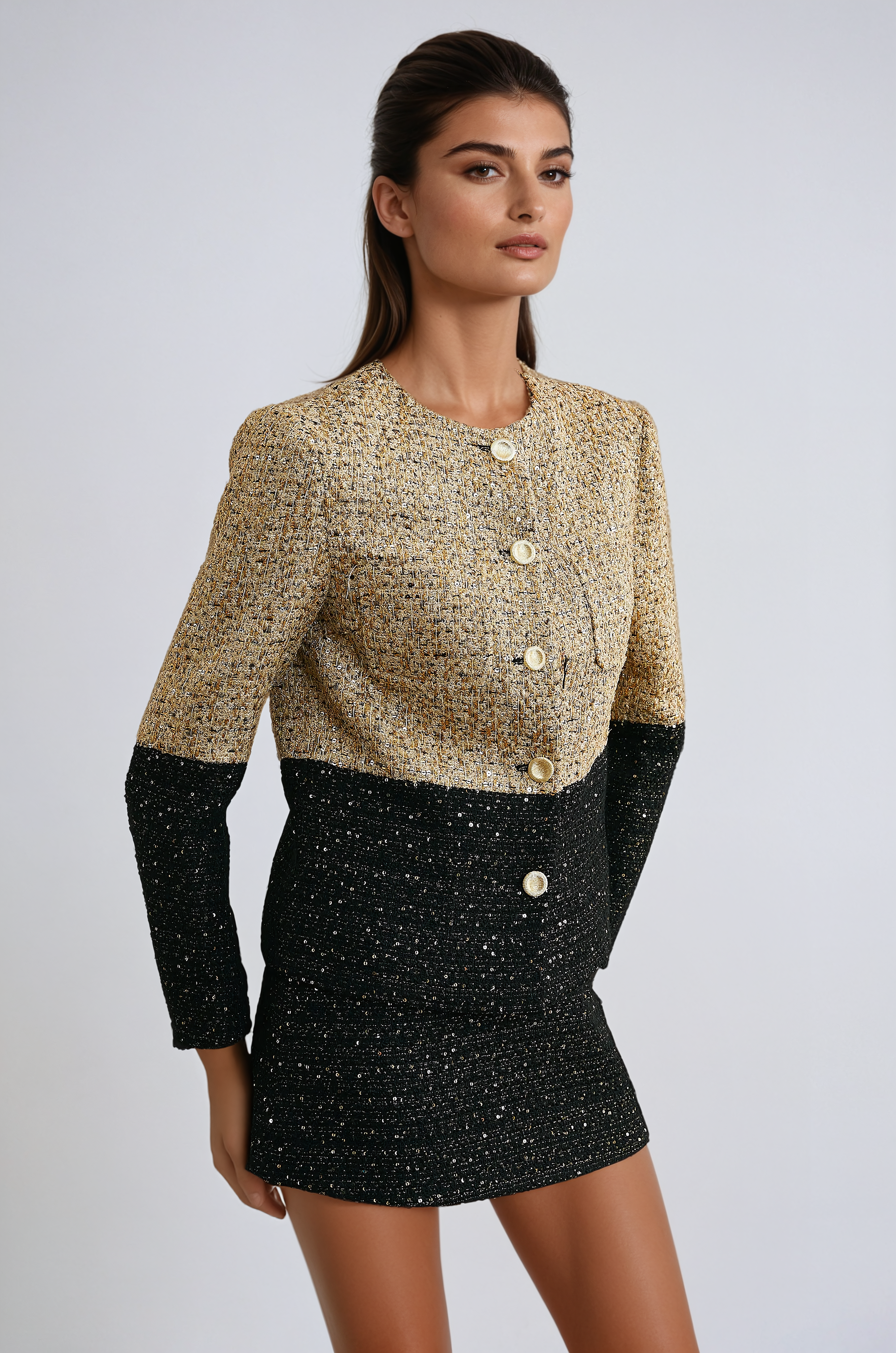 Gold and Black Tweed Jacket and Skirt Set