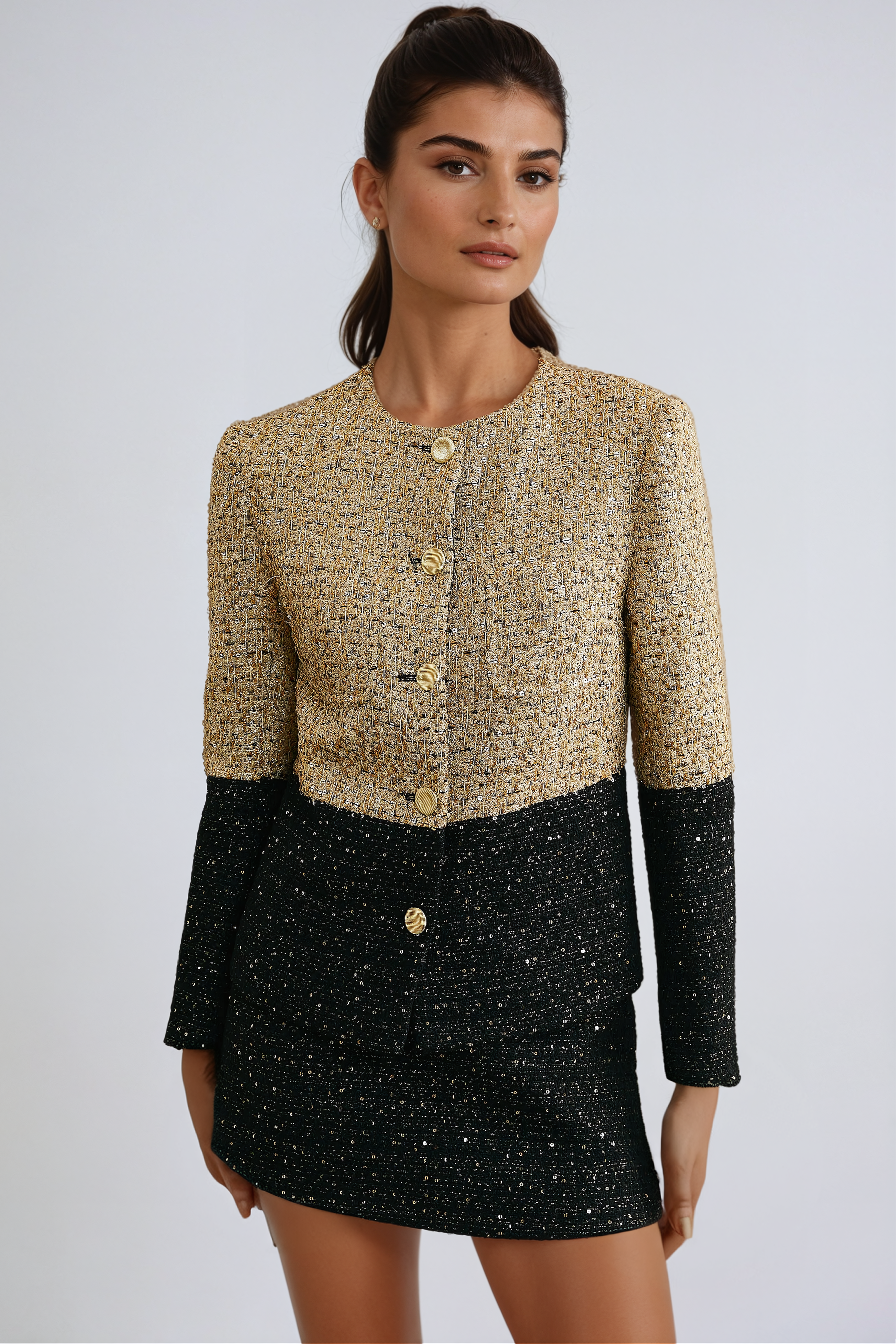 Gold and Black Tweed Jacket and Skirt Set