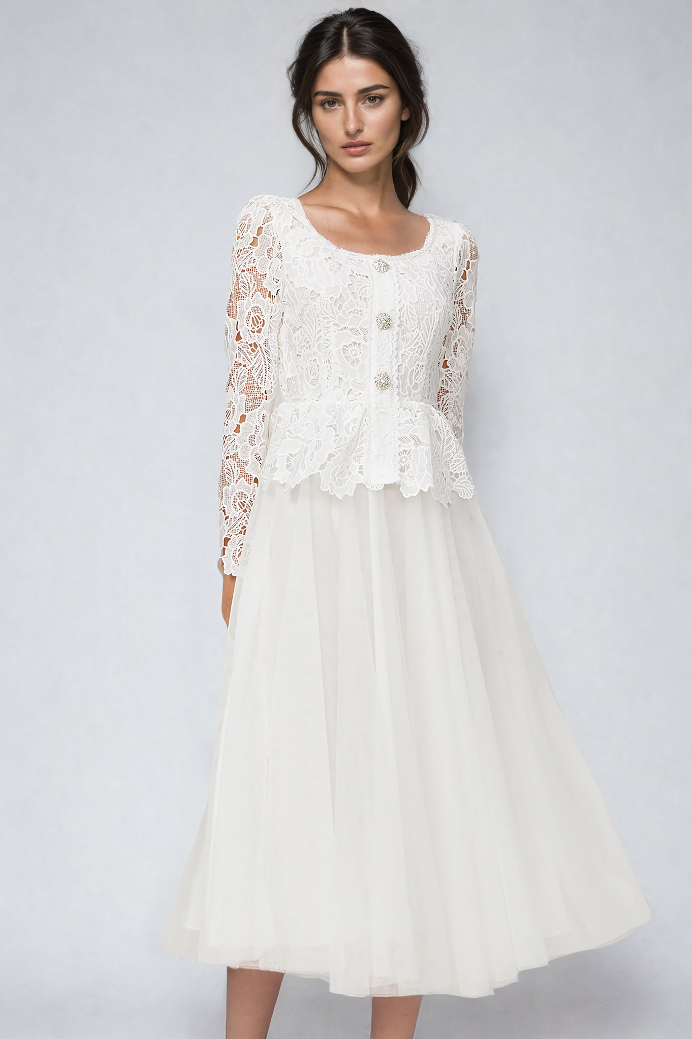 White tulle midi dress with a peplum waist