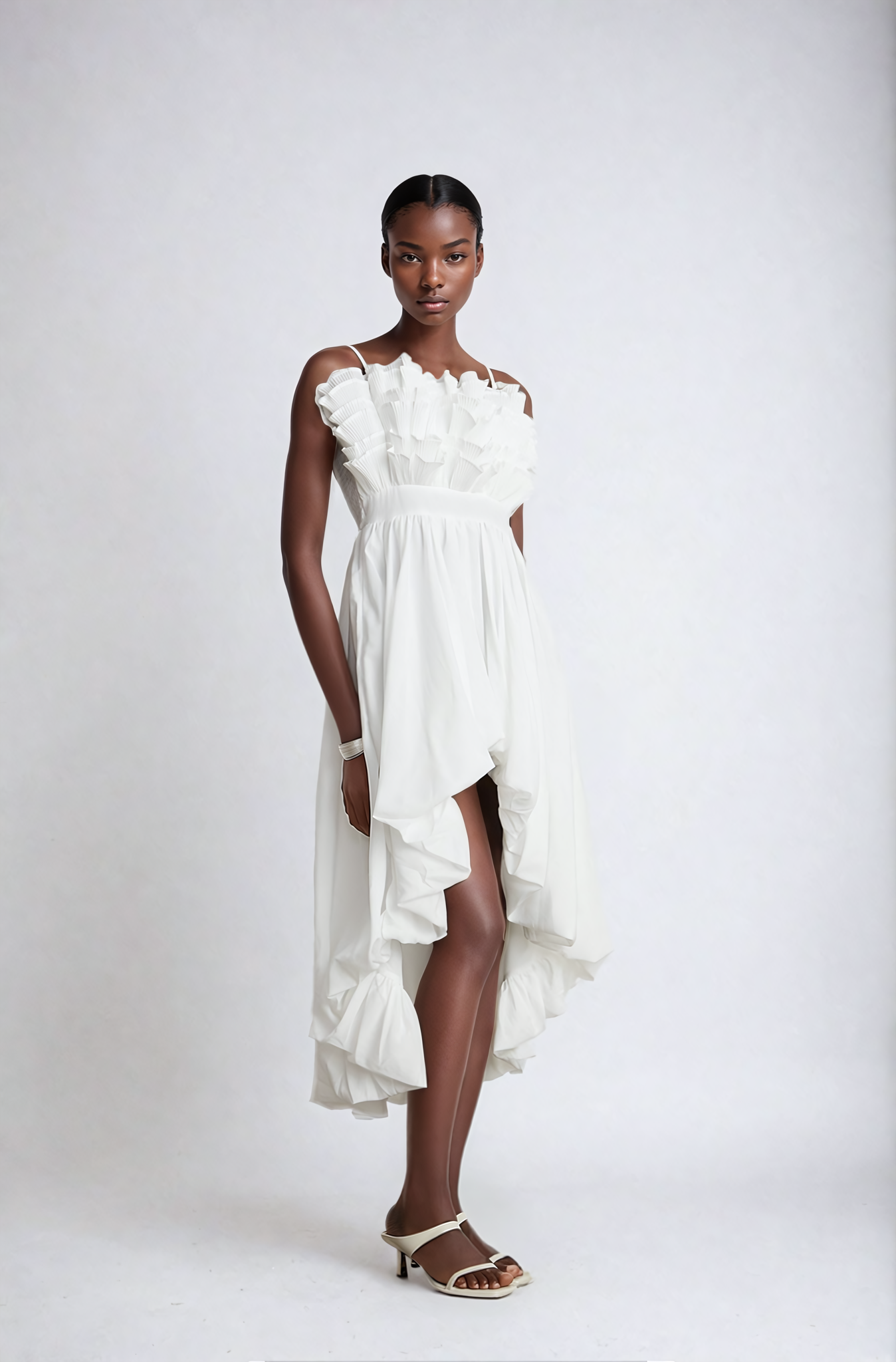 White Ruffled Pleated Midi Dress