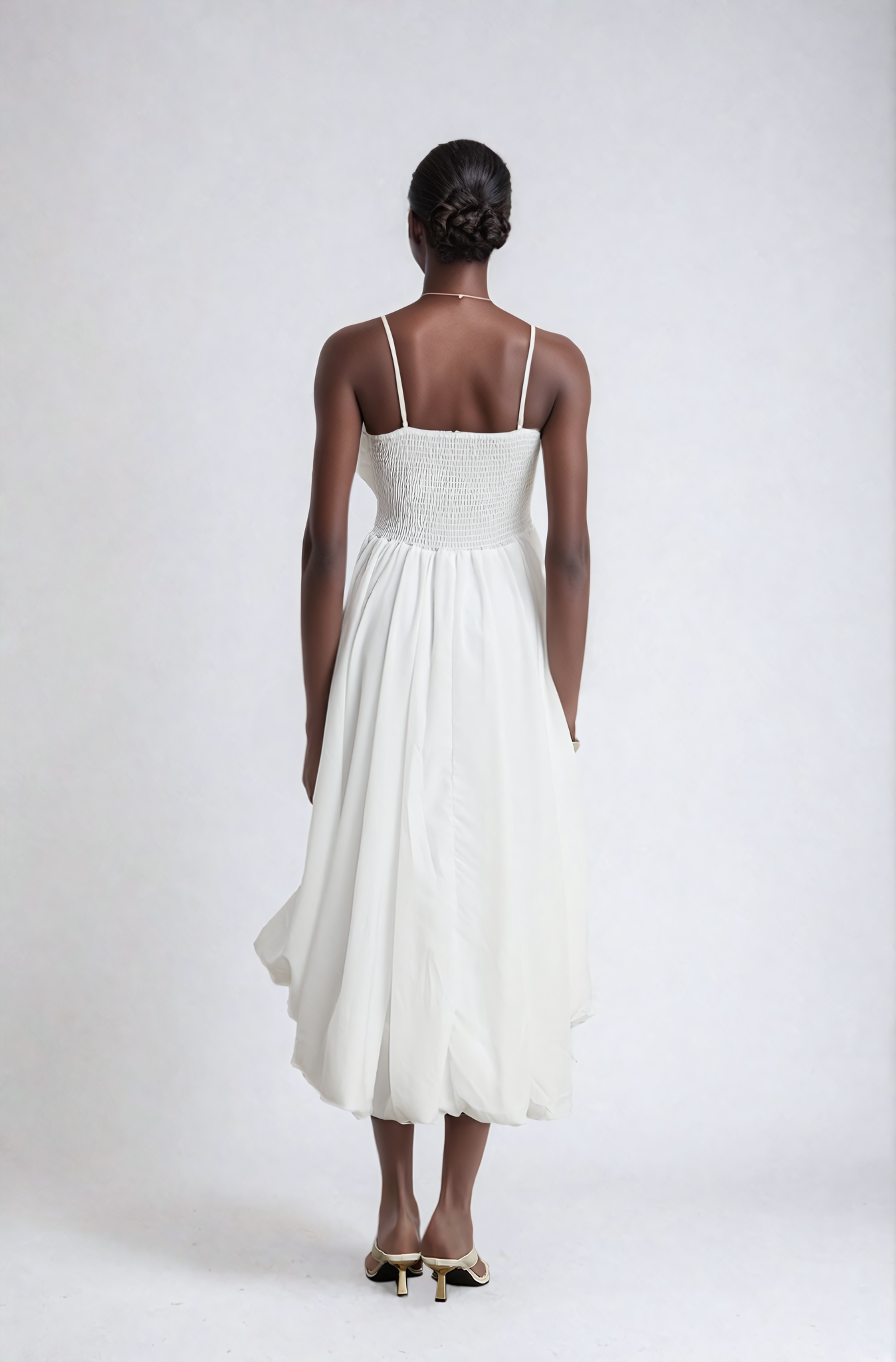 White Ruffled Pleated Midi Dress