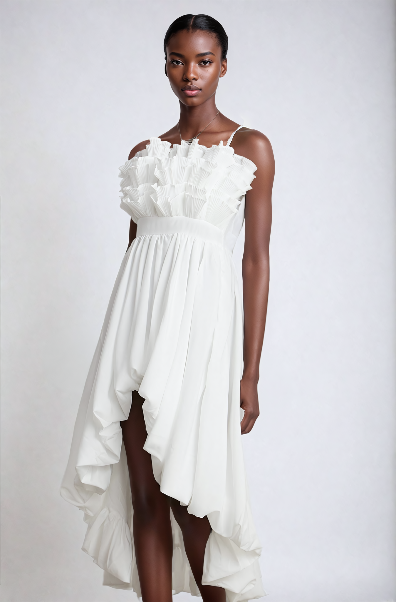 White Ruffled Pleated Midi Dress