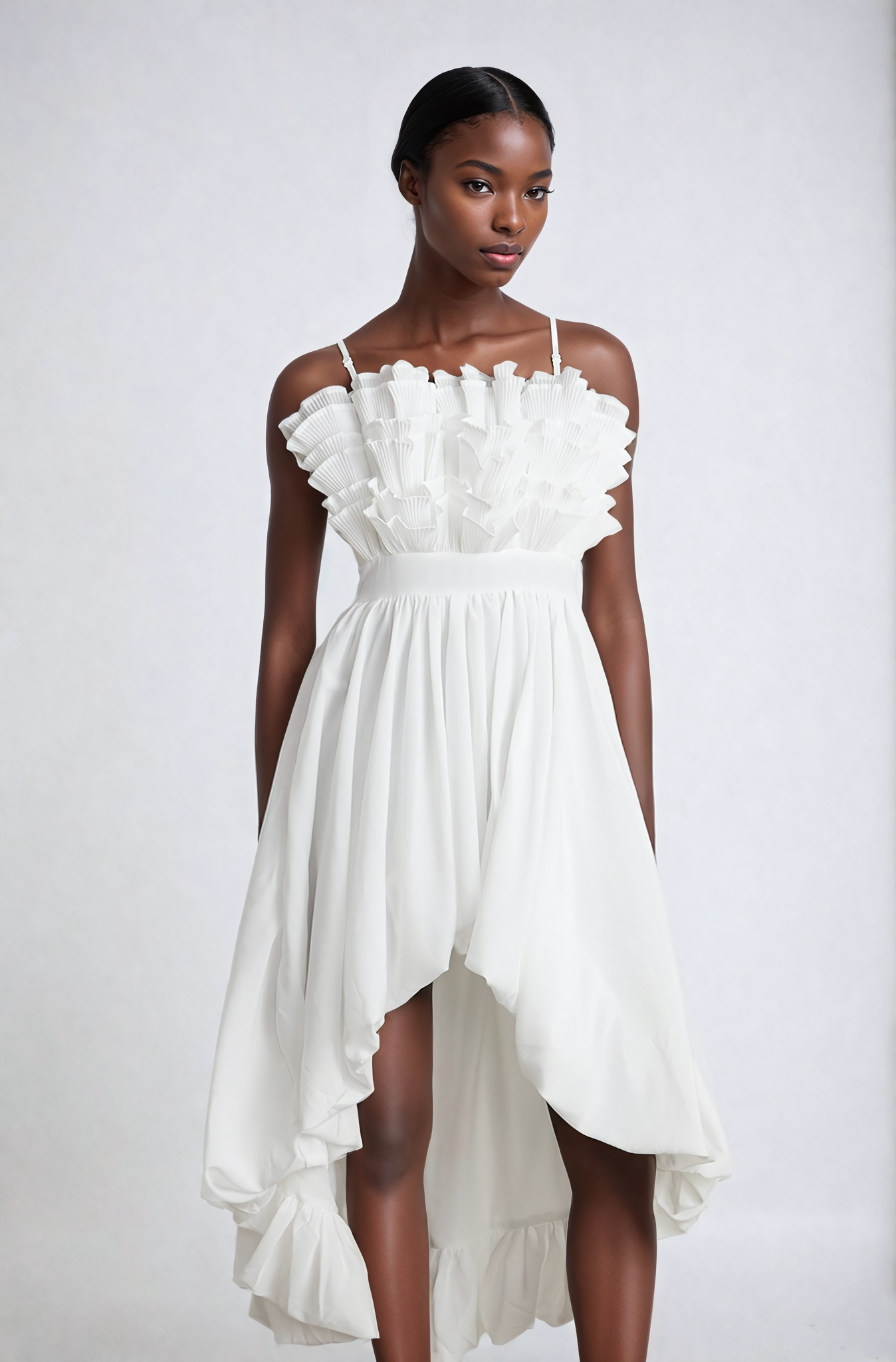 White Ruffled Pleated Midi Dress