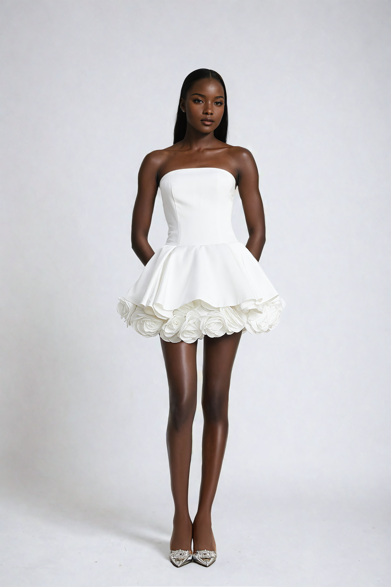 White Petal-Layered Strapless Corset Mini Dress