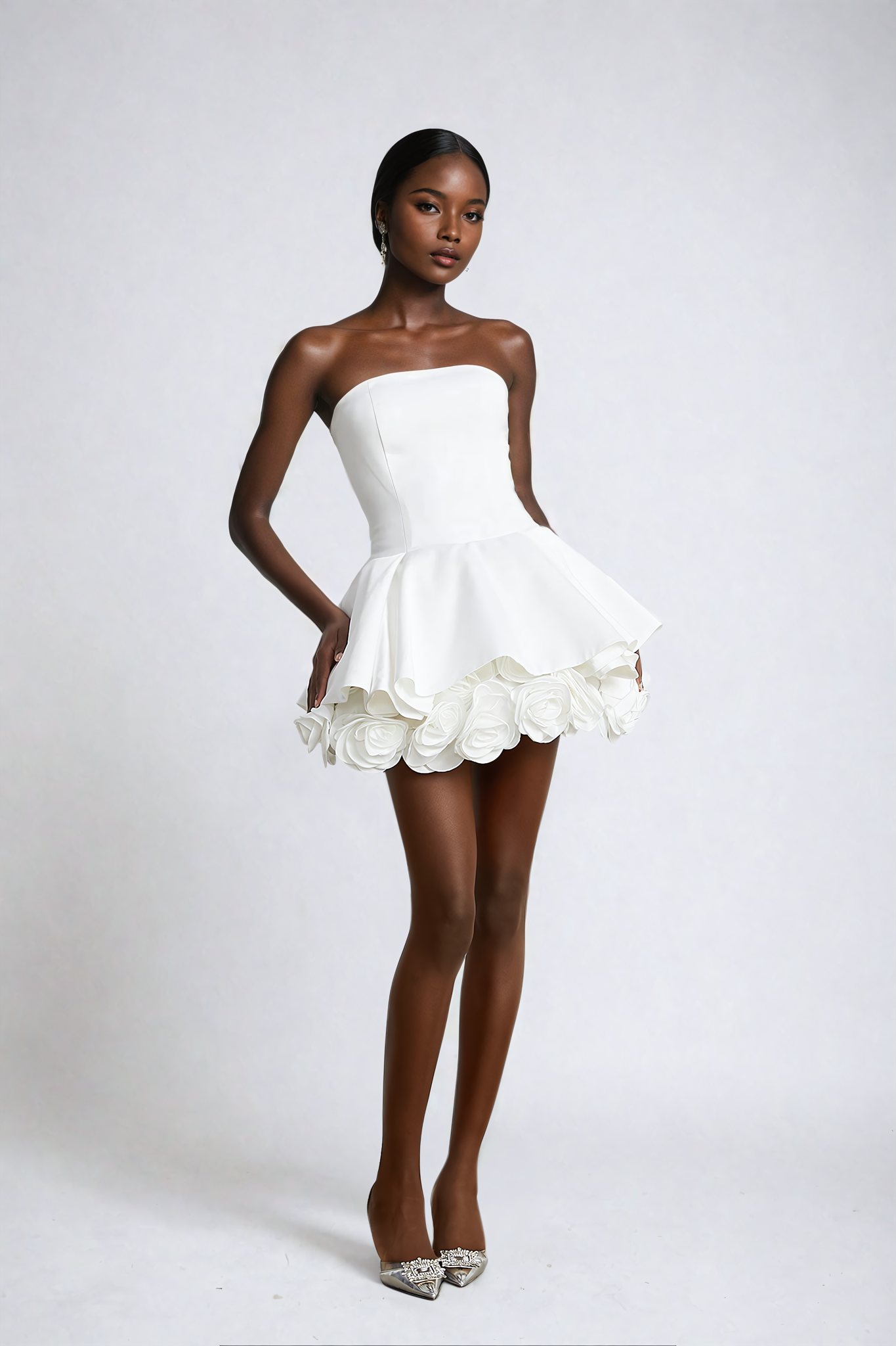 White Petal-Layered Strapless Corset Mini Dress