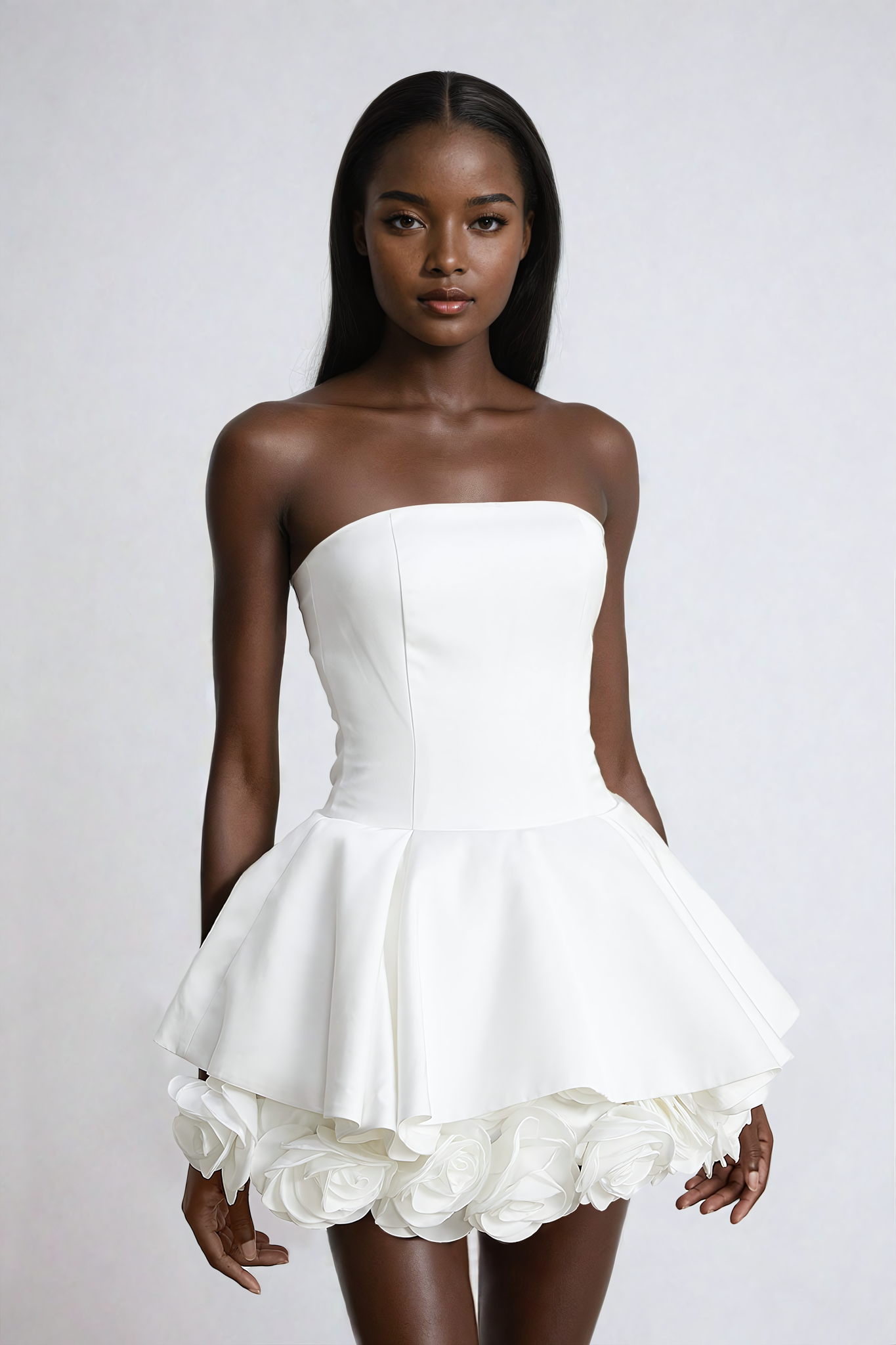 White Petal-Layered Strapless Corset Mini Dress