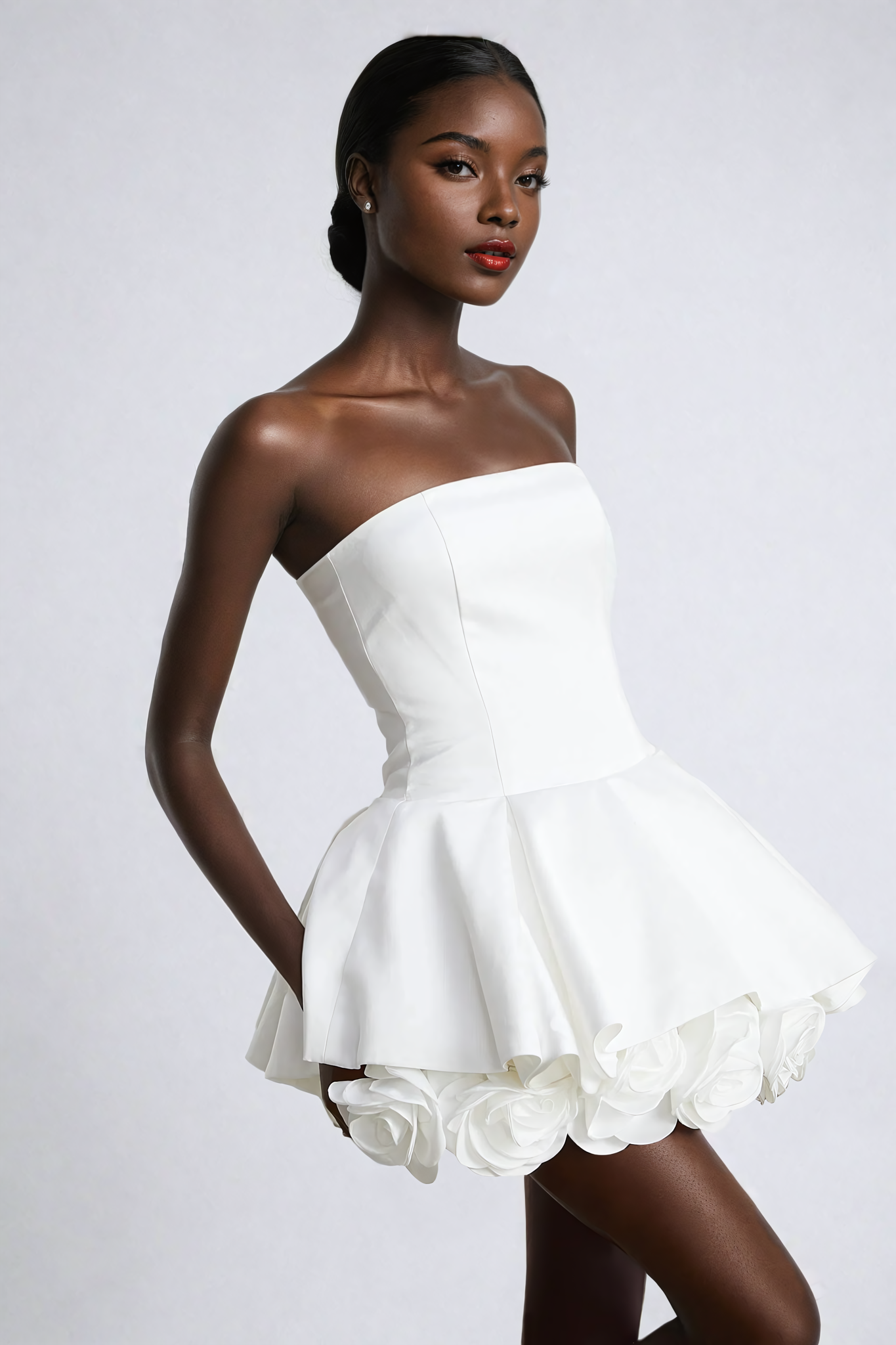 White Petal-Layered Strapless Corset Mini Dress