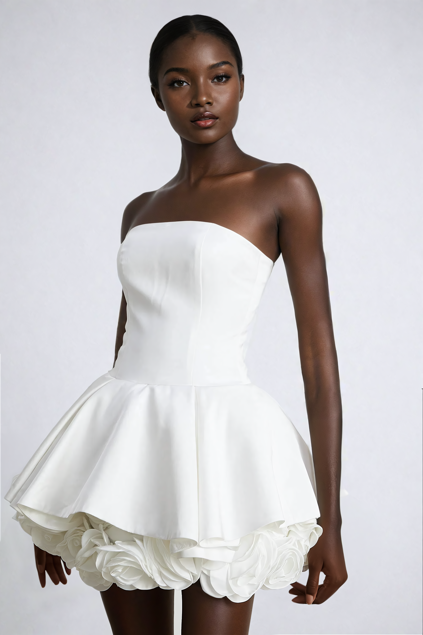 White Petal-Layered Strapless Corset Mini Dress