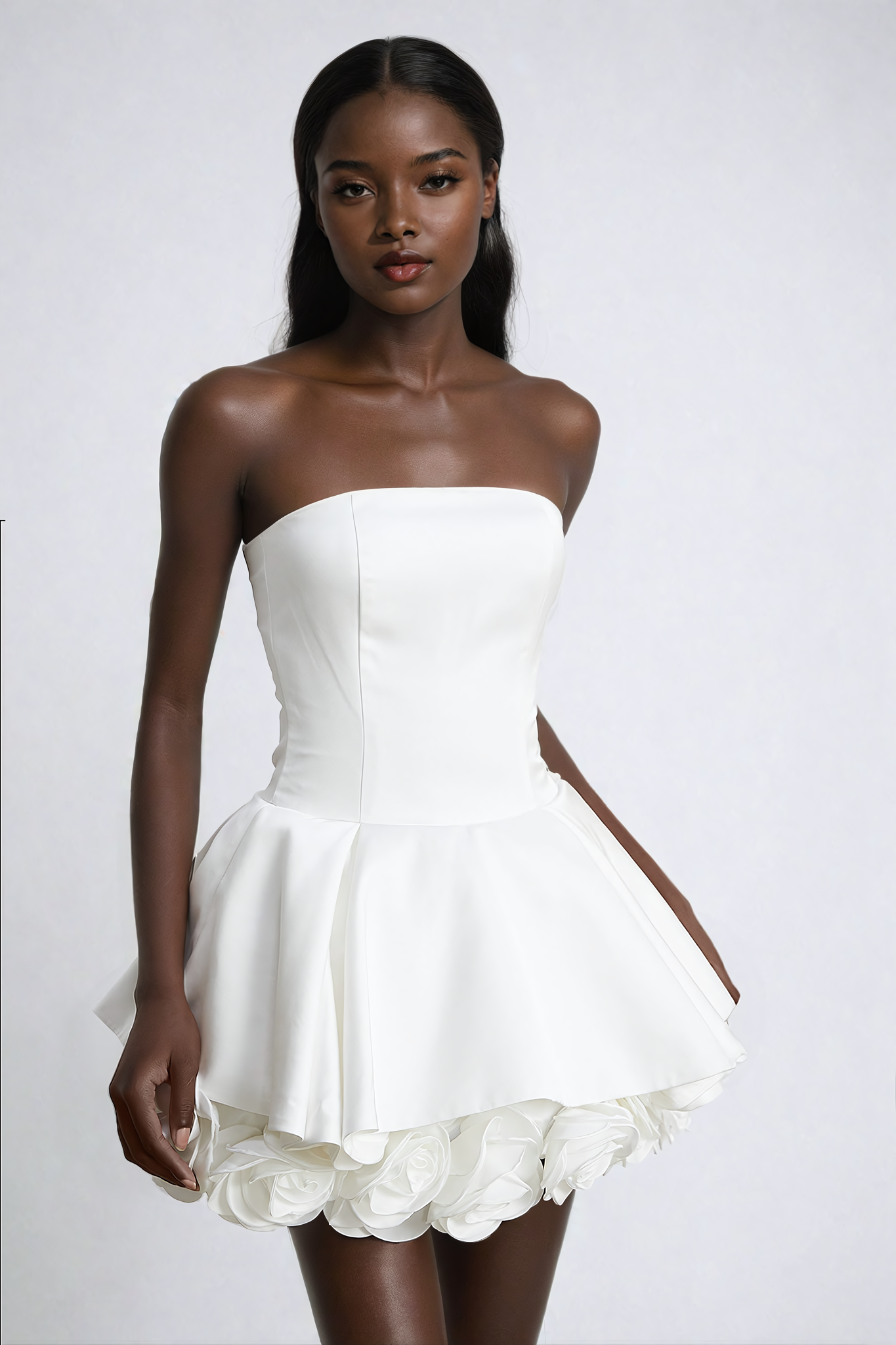 White Petal-Layered Strapless Corset Mini Dress