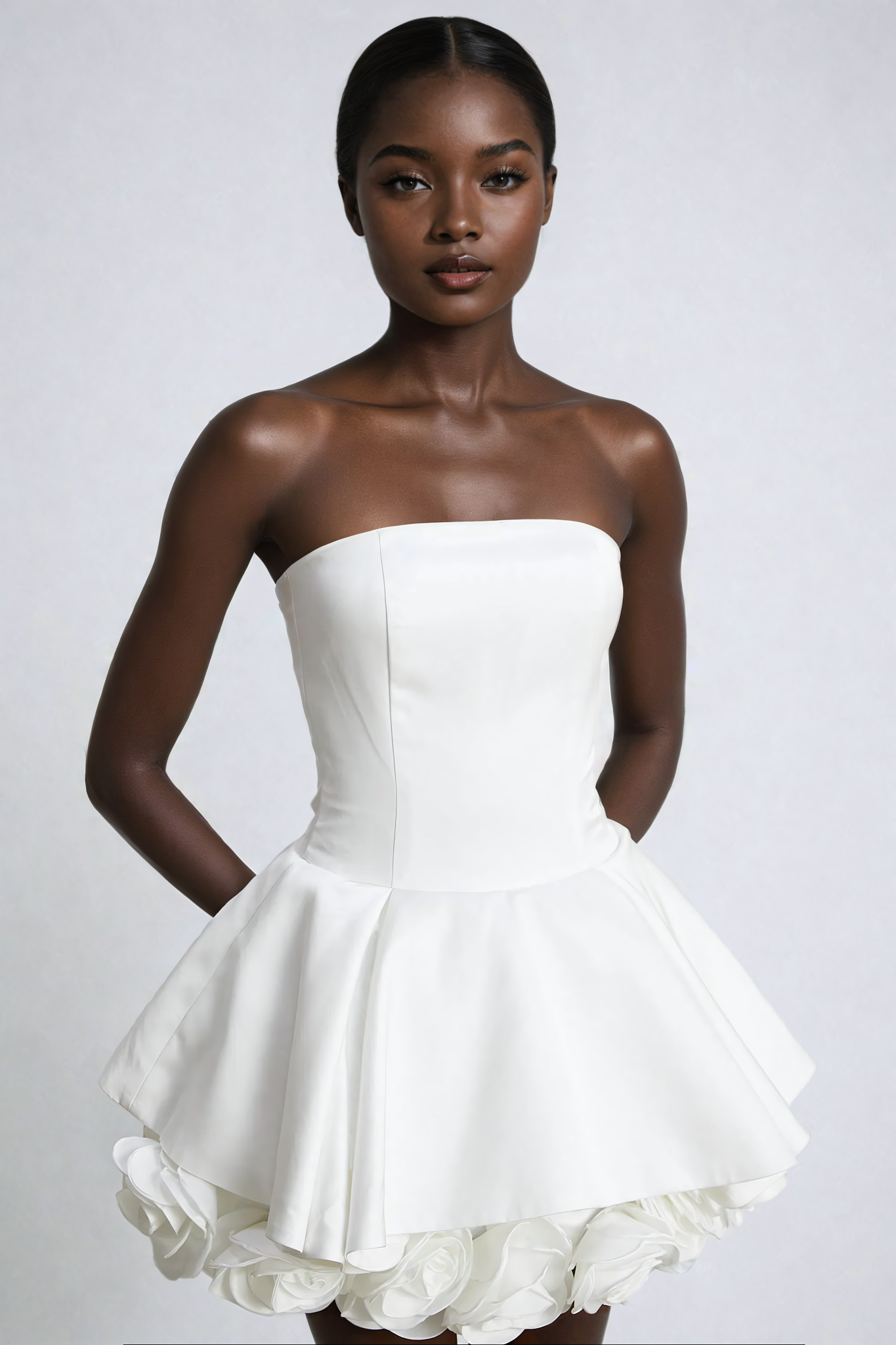 White Petal-Layered Strapless Corset Mini Dress