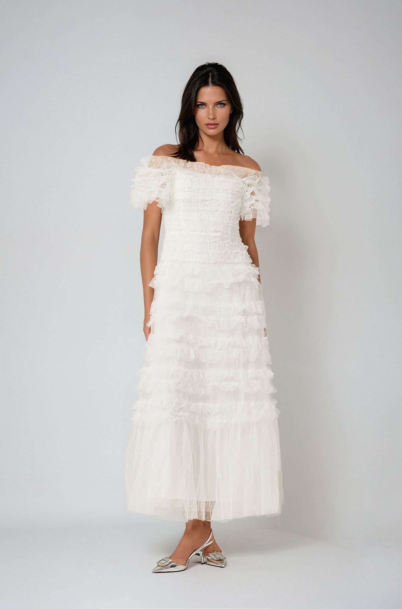 Tiered Midi Dress with Ruffled Tulle