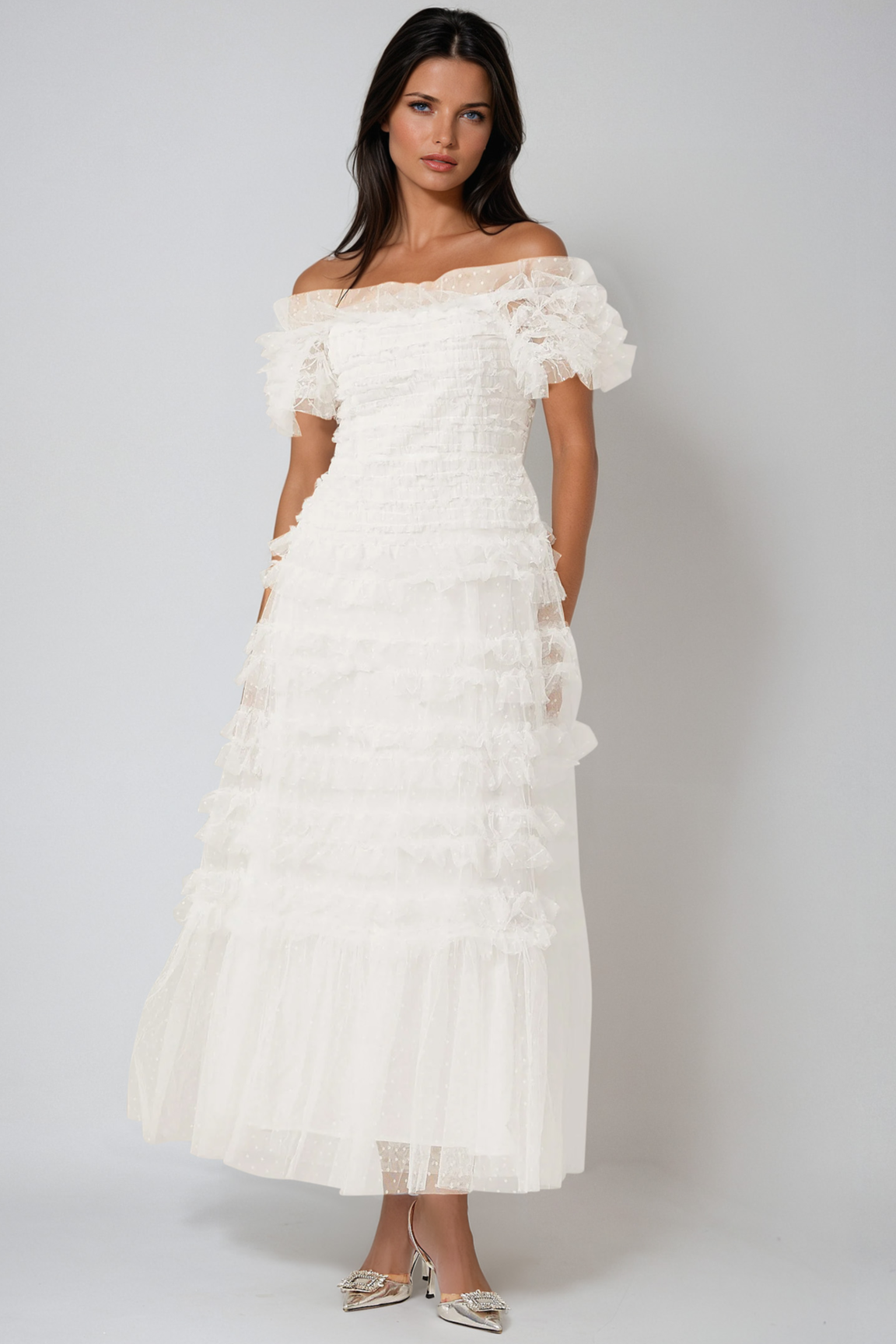 Tiered Midi Dress with Ruffled Tulle