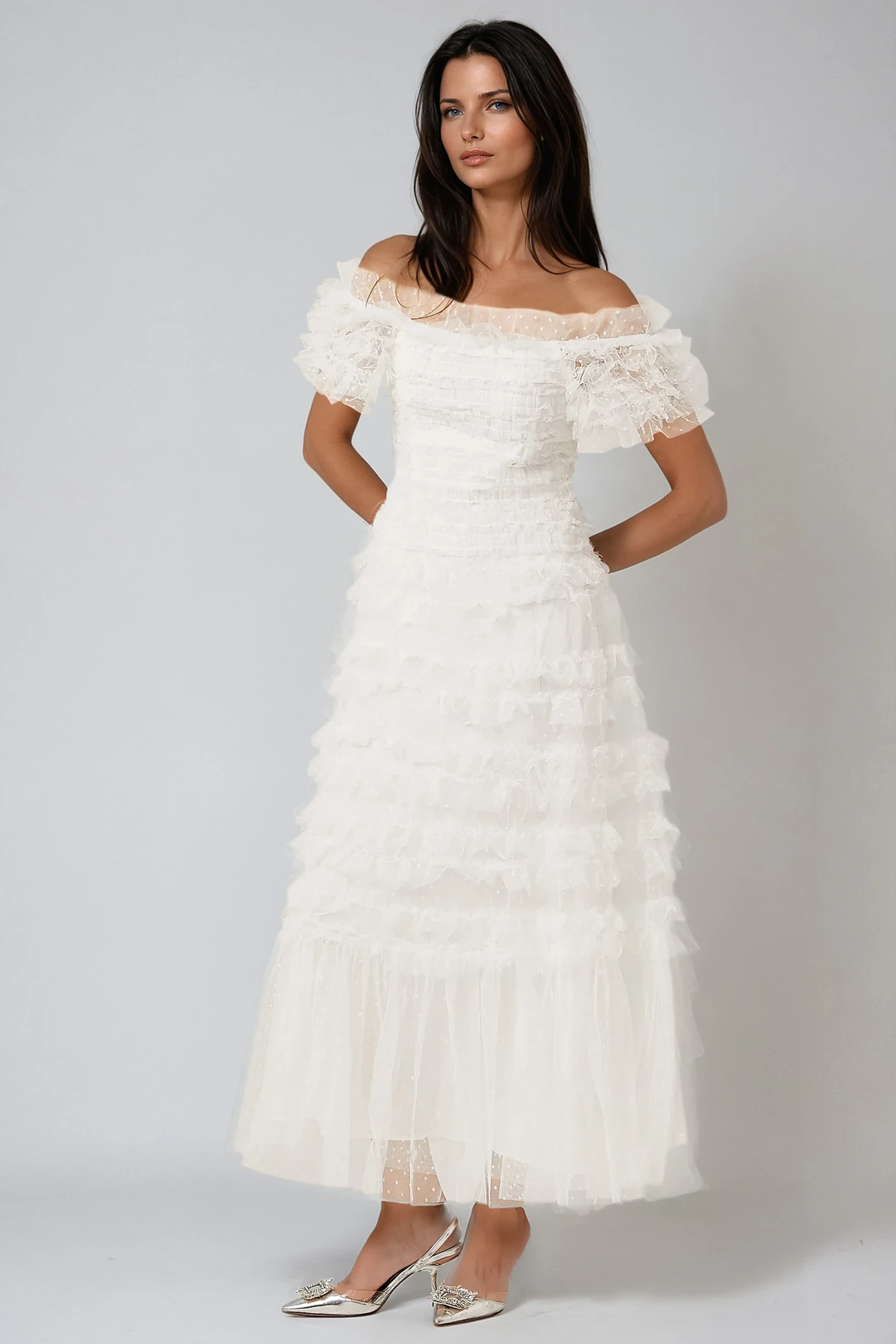 Tiered Midi Dress with Ruffled Tulle