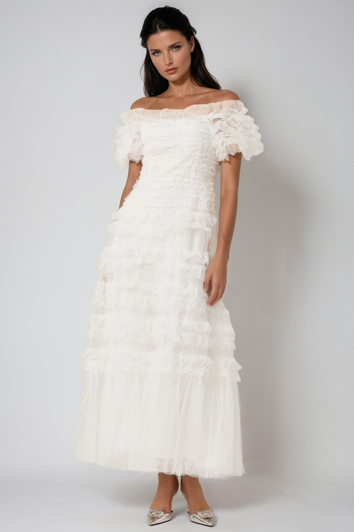 Tiered Midi Dress with Ruffled Tulle