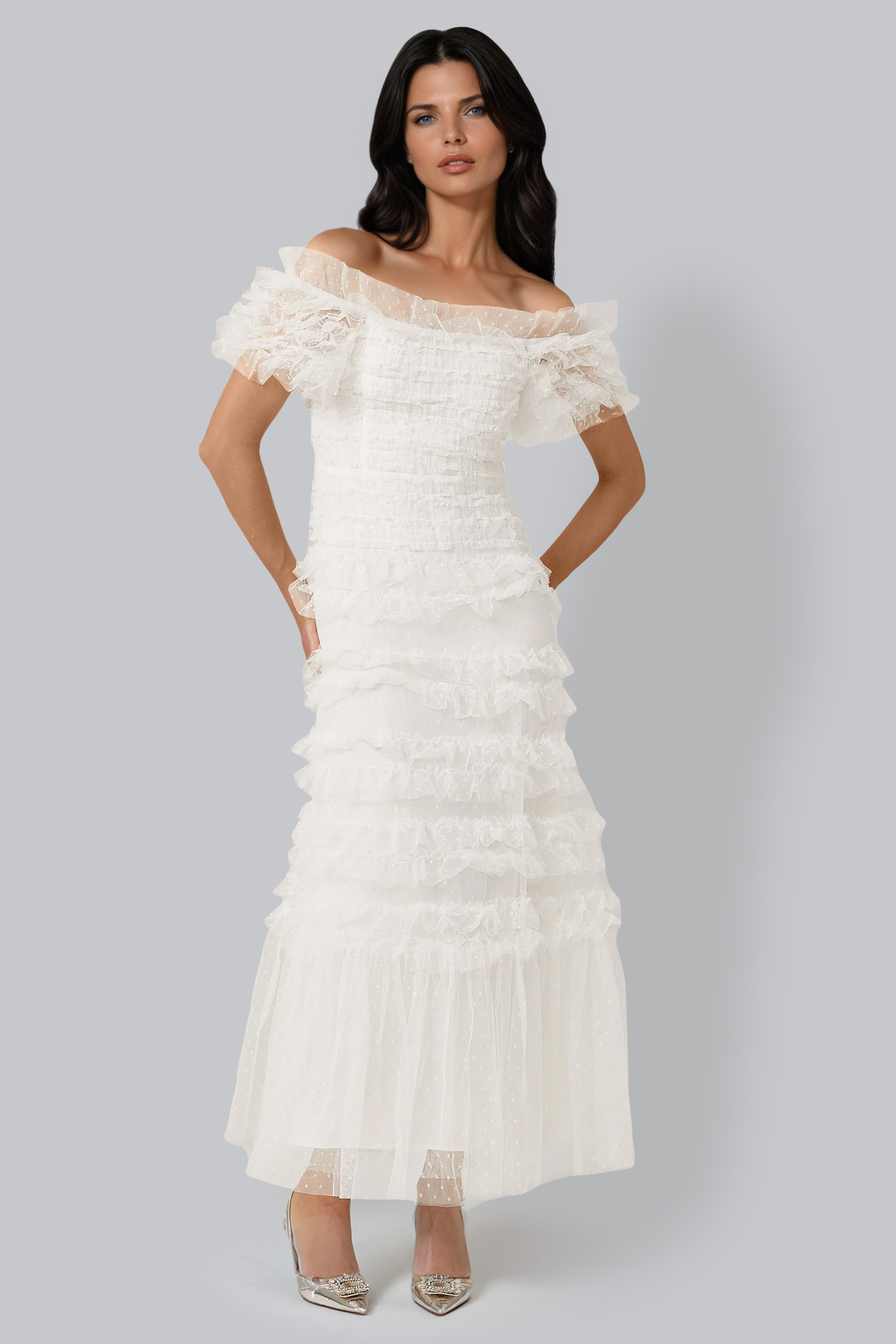 Tiered Midi Dress with Ruffled Tulle