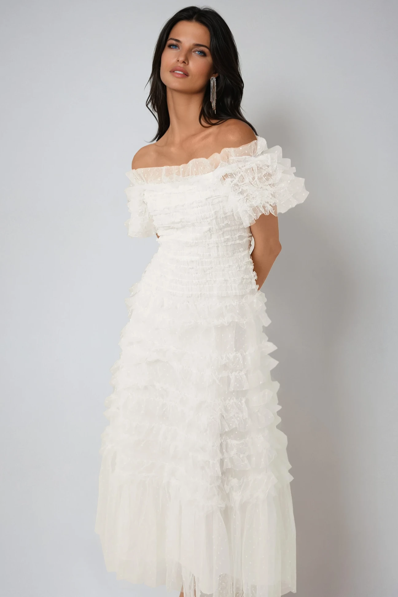 Tiered Midi Dress with Ruffled Tulle