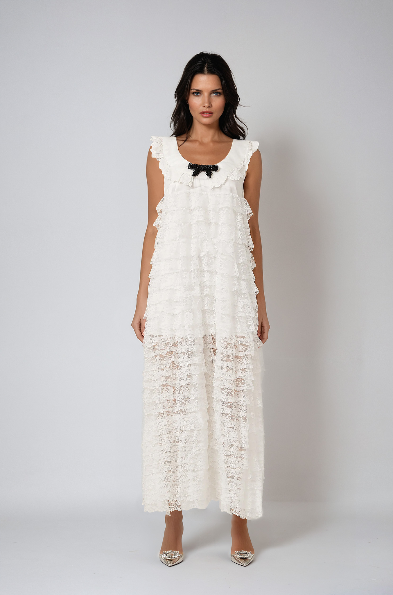 White Lace-Trim Tiered Midi Dress