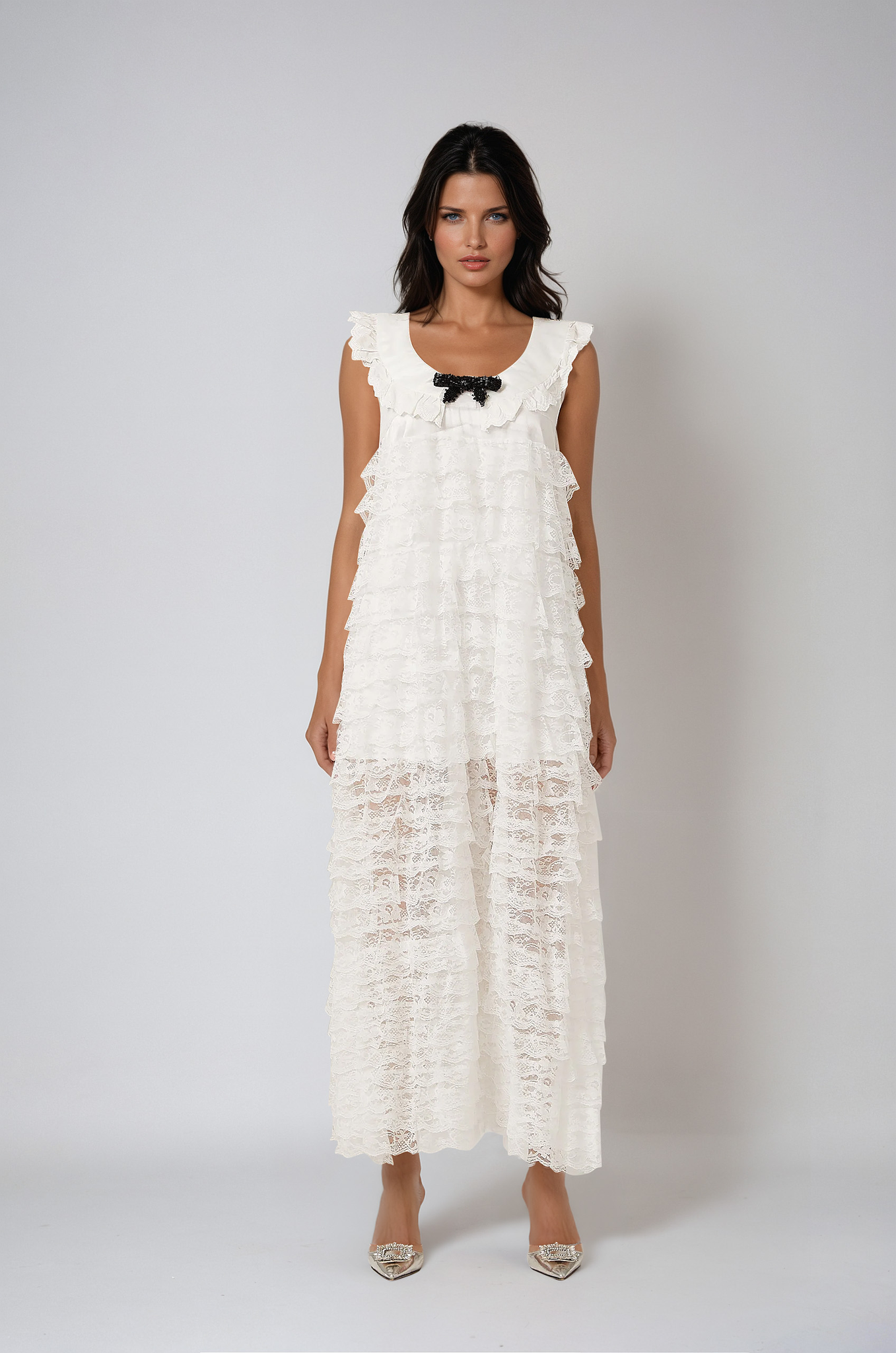 White Lace-Trim Tiered Midi Dress