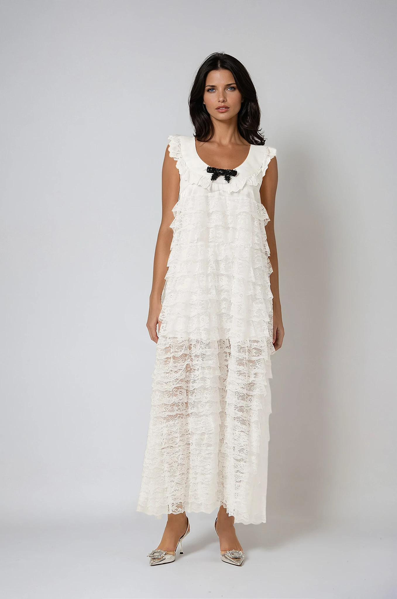 White Lace-Trim Tiered Midi Dress