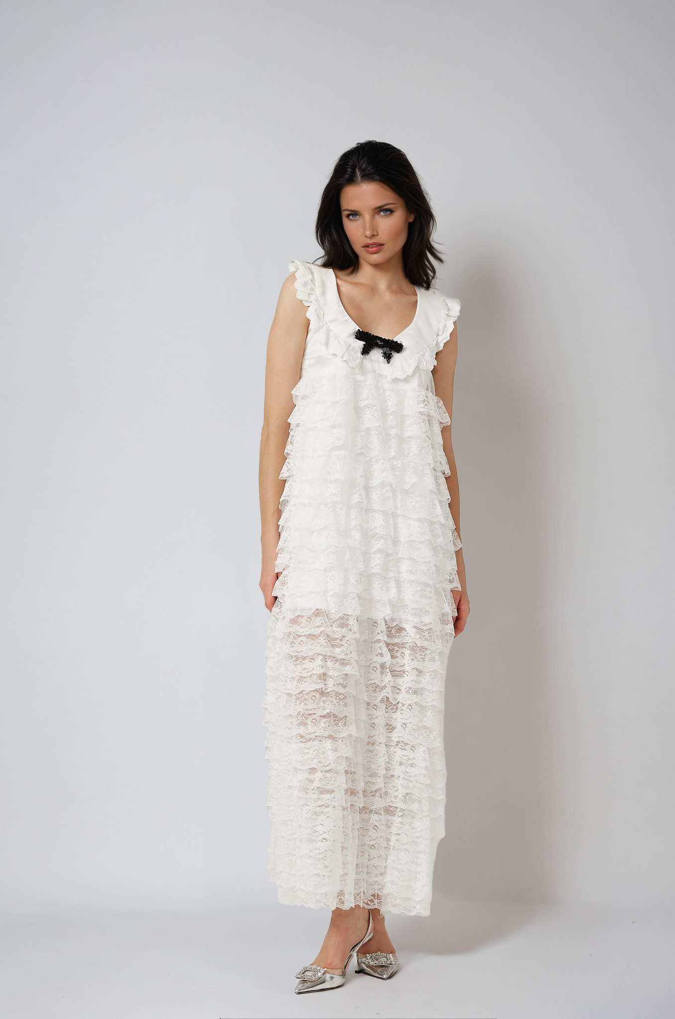 White Lace-Trim Tiered Midi Dress