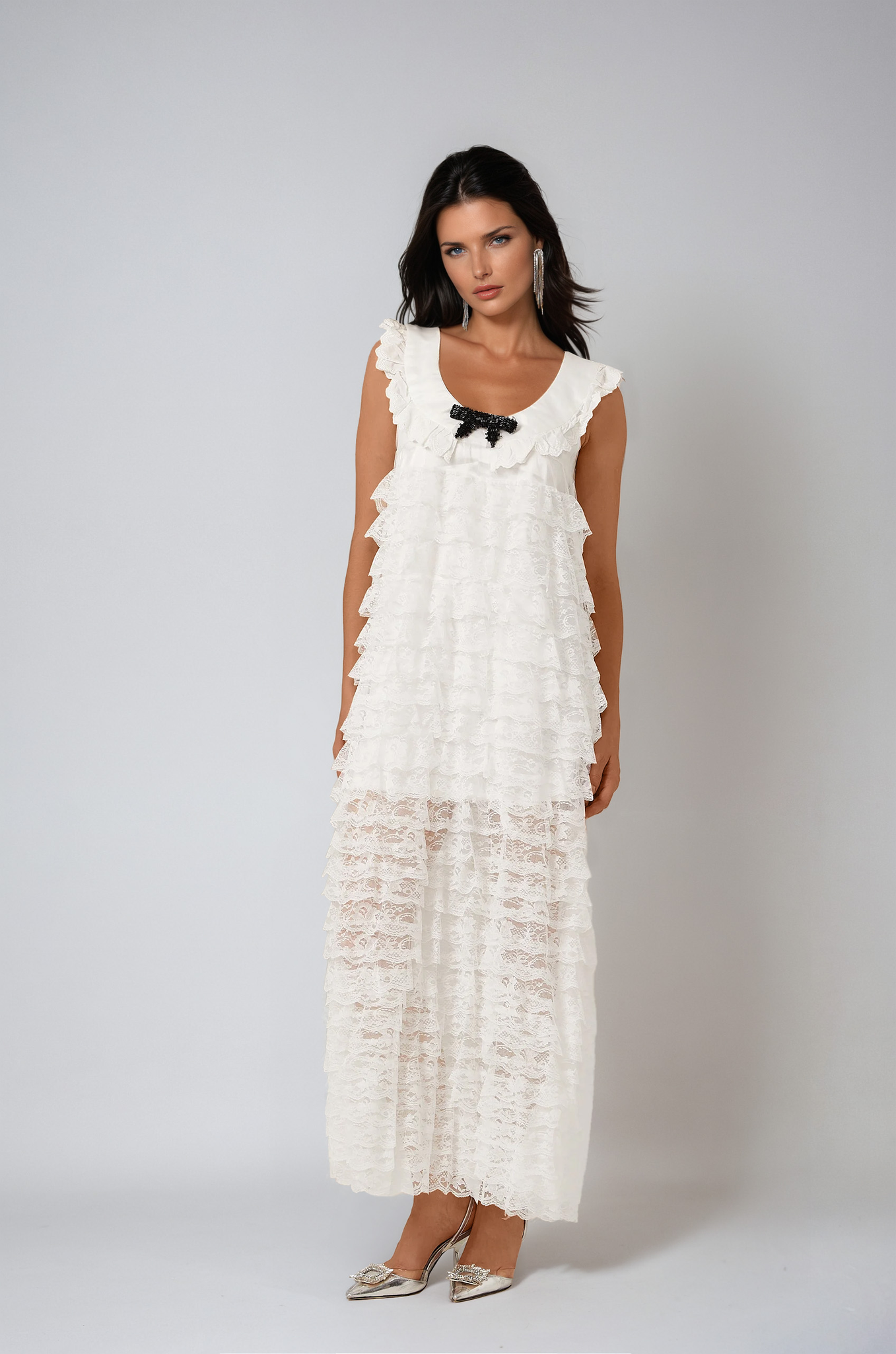 White Lace-Trim Tiered Midi Dress