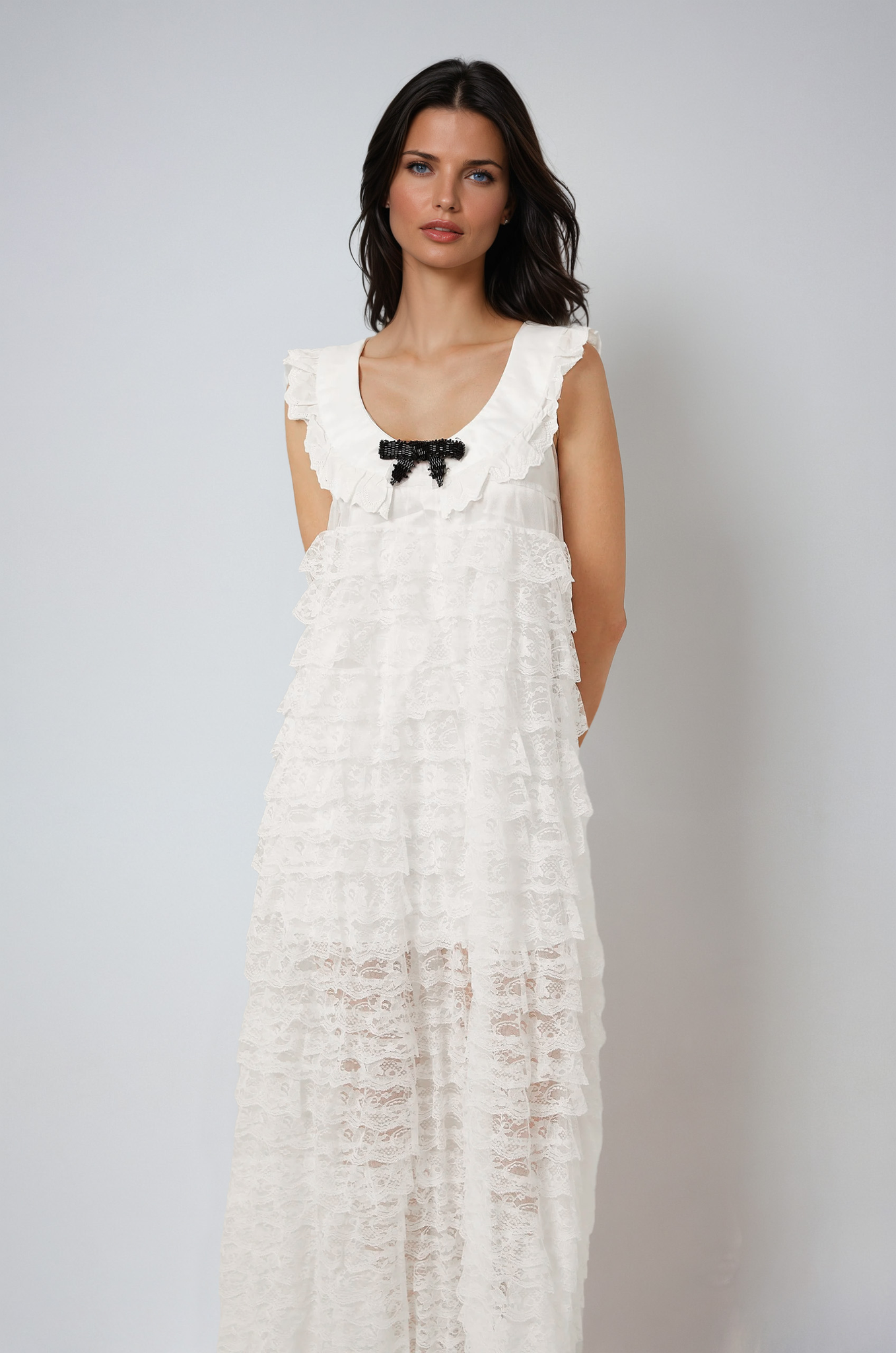 White Lace-Trim Tiered Midi Dress