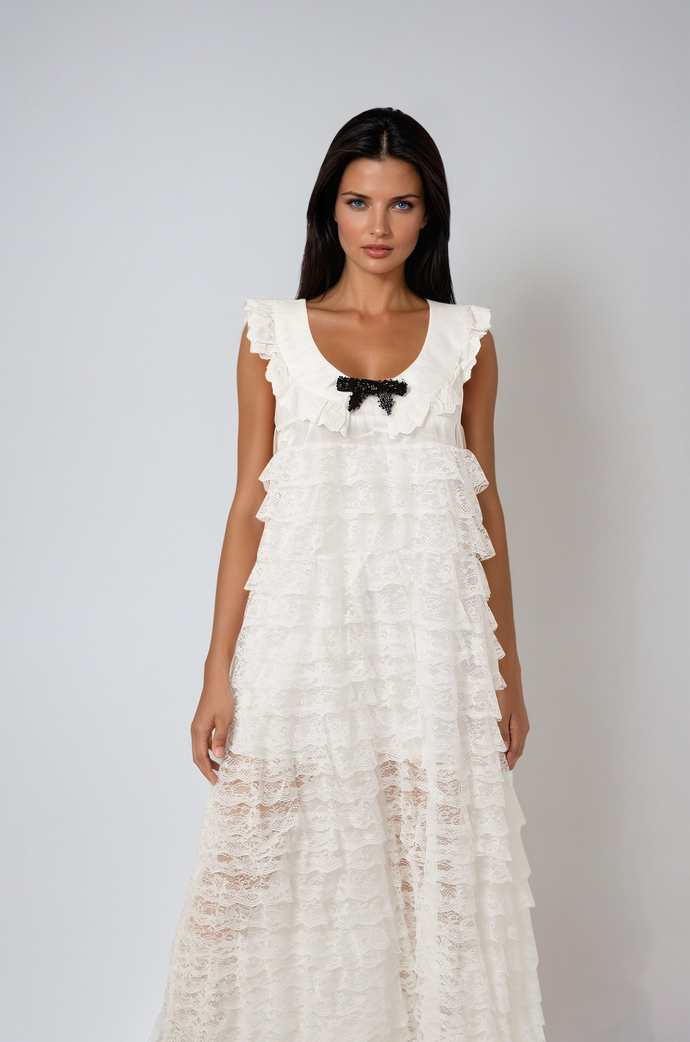 White Lace-Trim Tiered Midi Dress