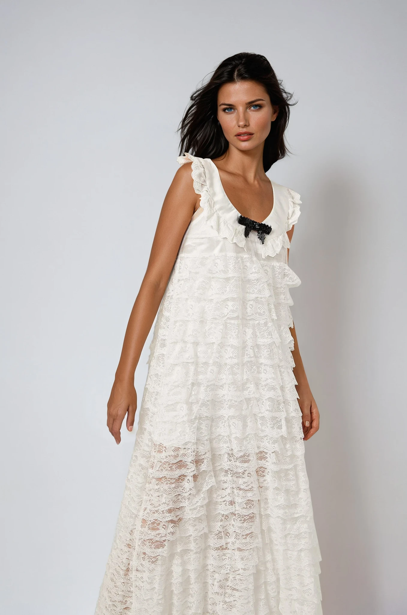 White Lace-Trim Tiered Midi Dress