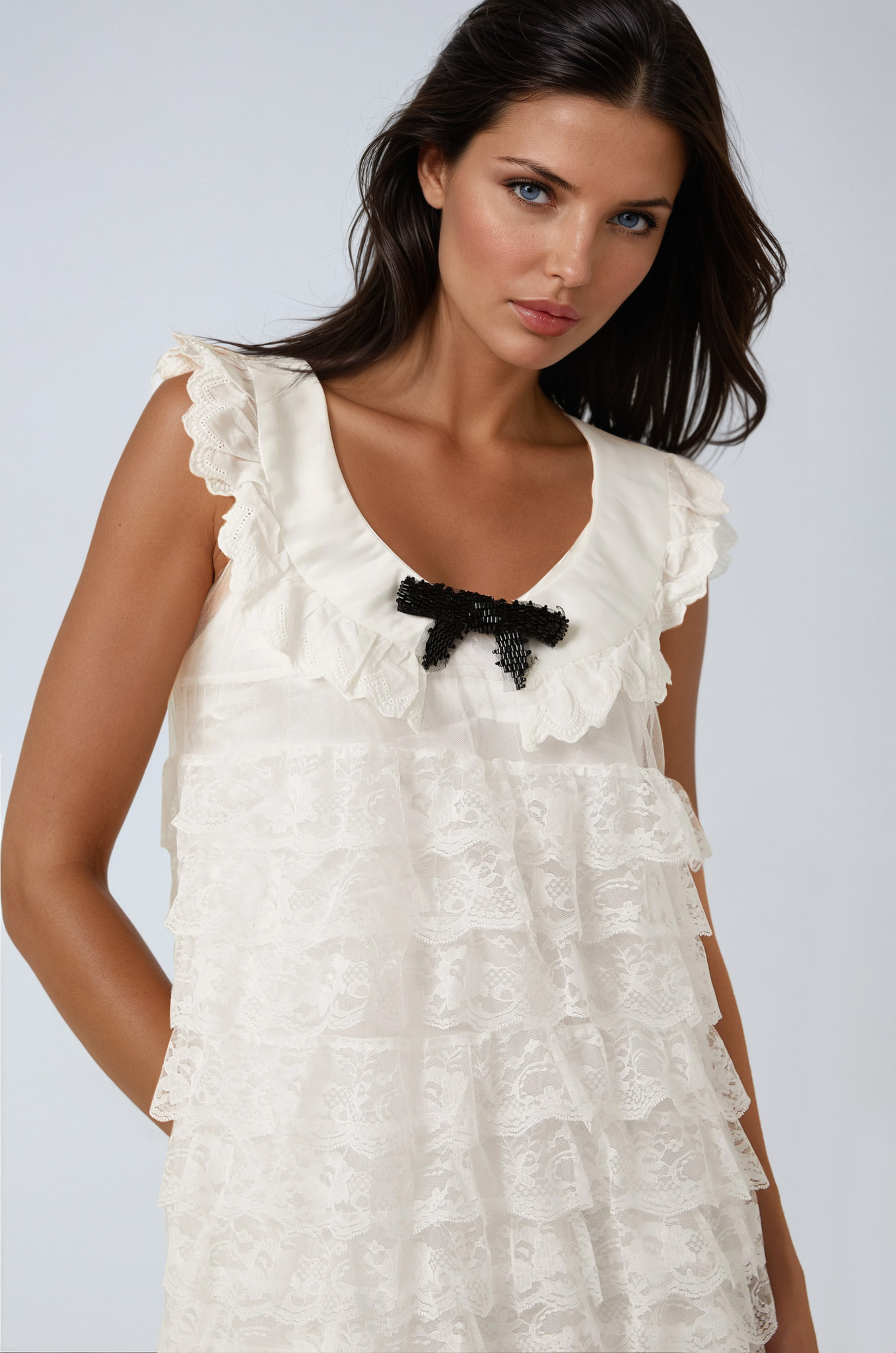 White Lace-Trim Tiered Midi Dress