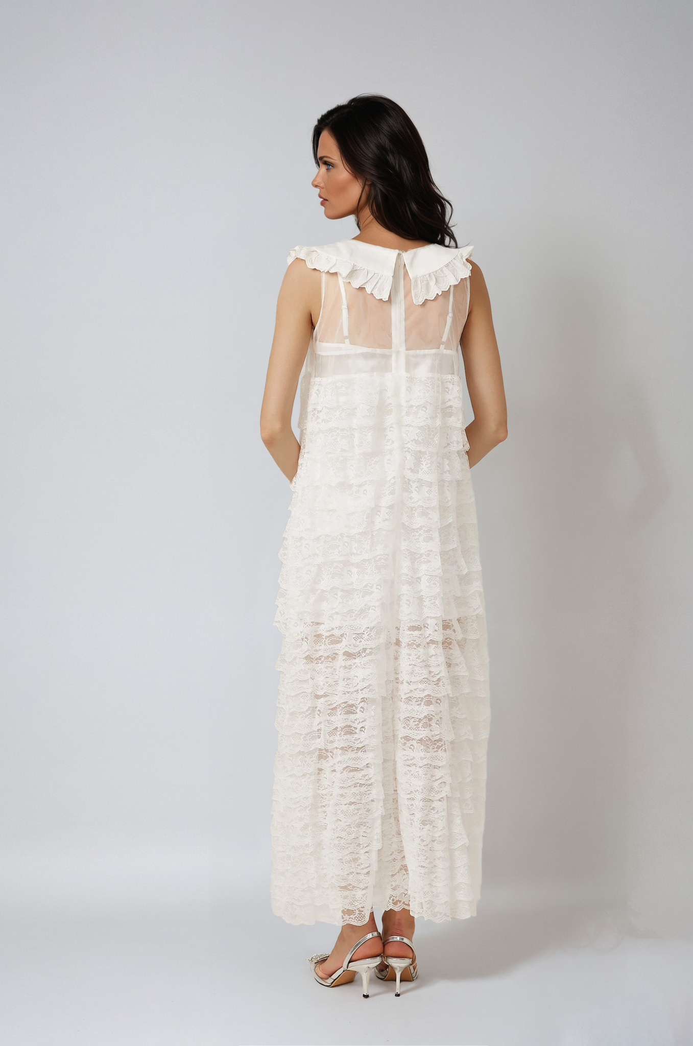 White Lace-Trim Tiered Midi Dress