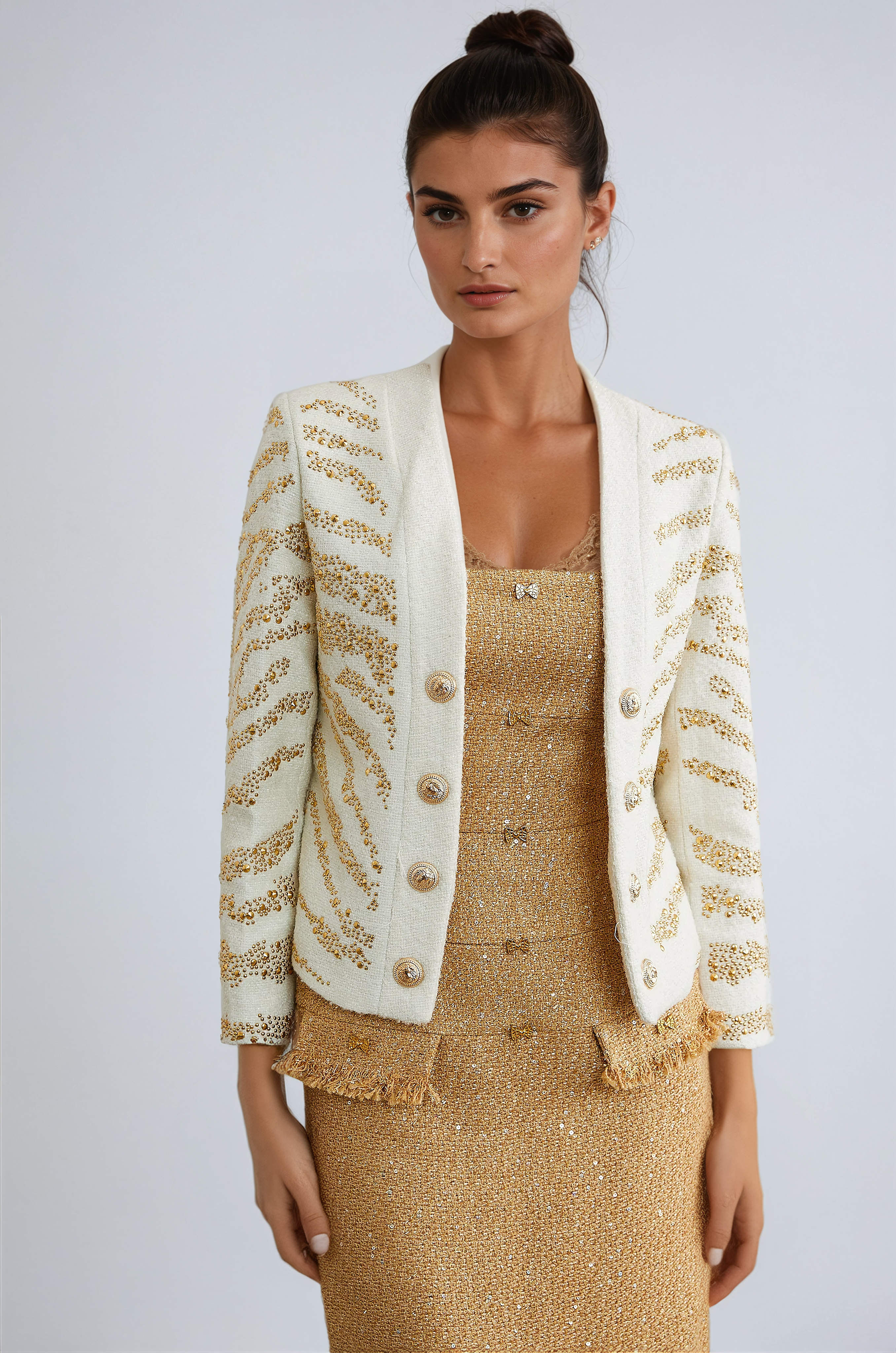 White Collarless Jacket with Embellished Details