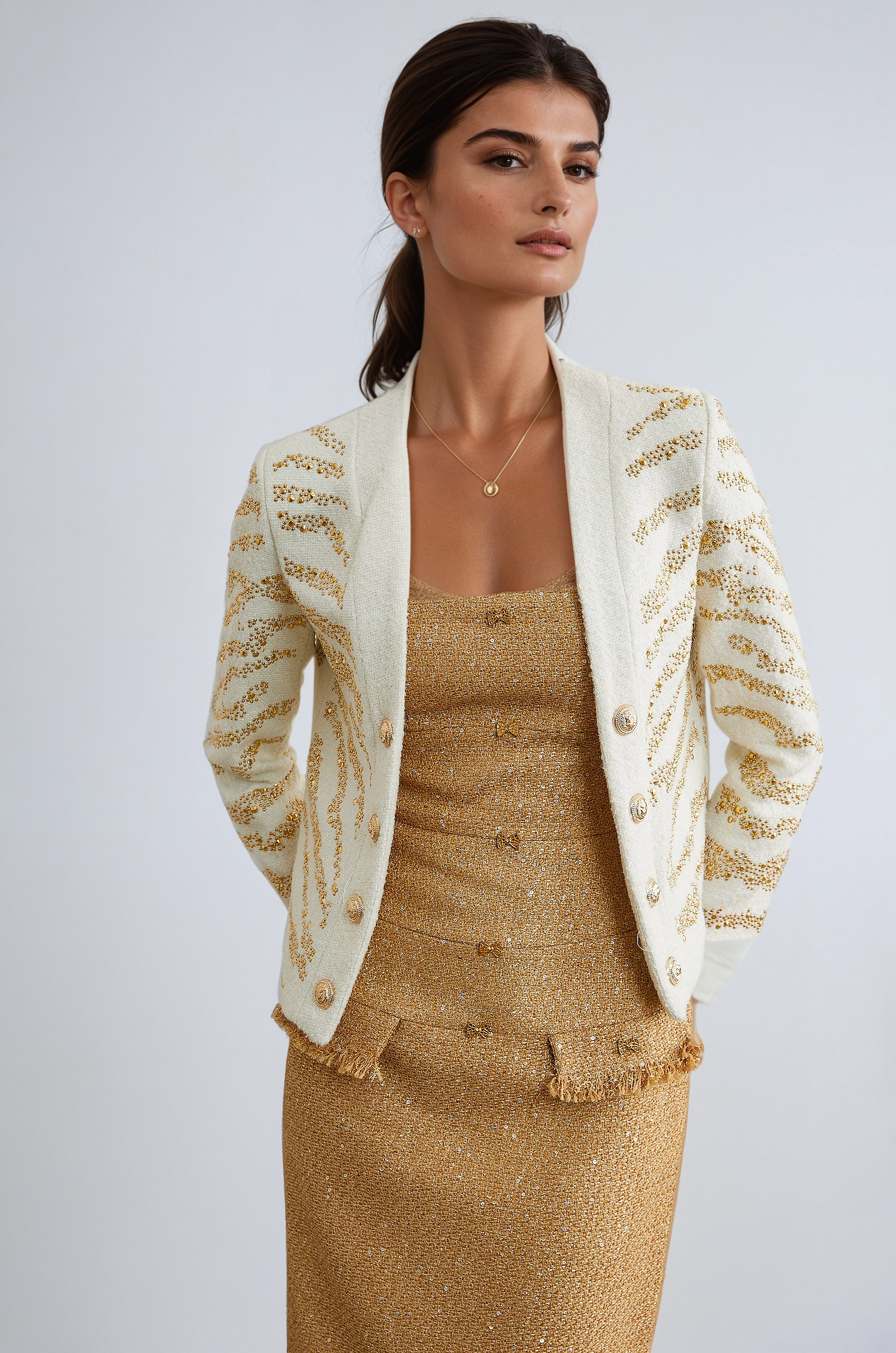 White Collarless Jacket with Embellished Details