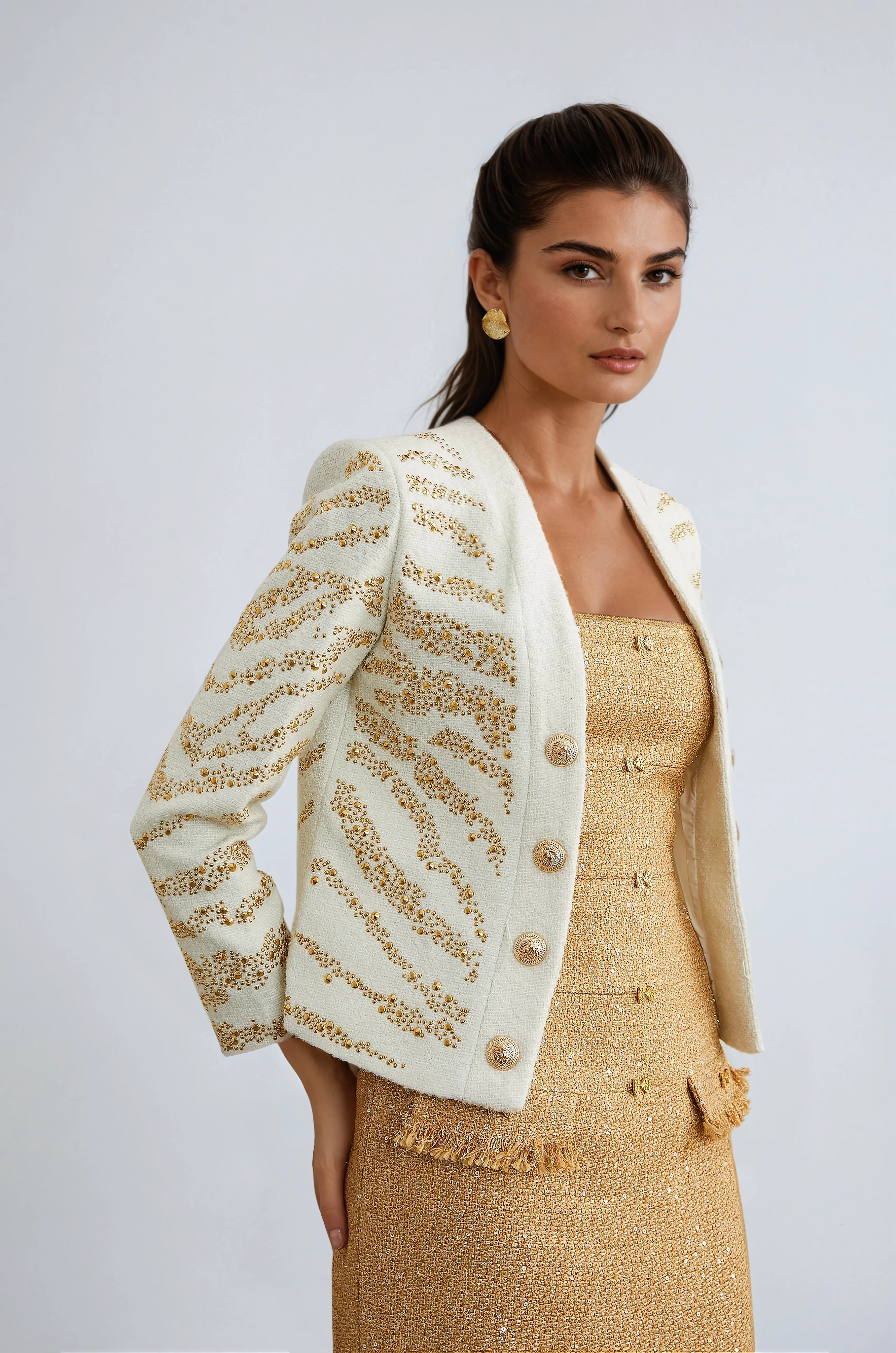 White Collarless Jacket with Embellished Details