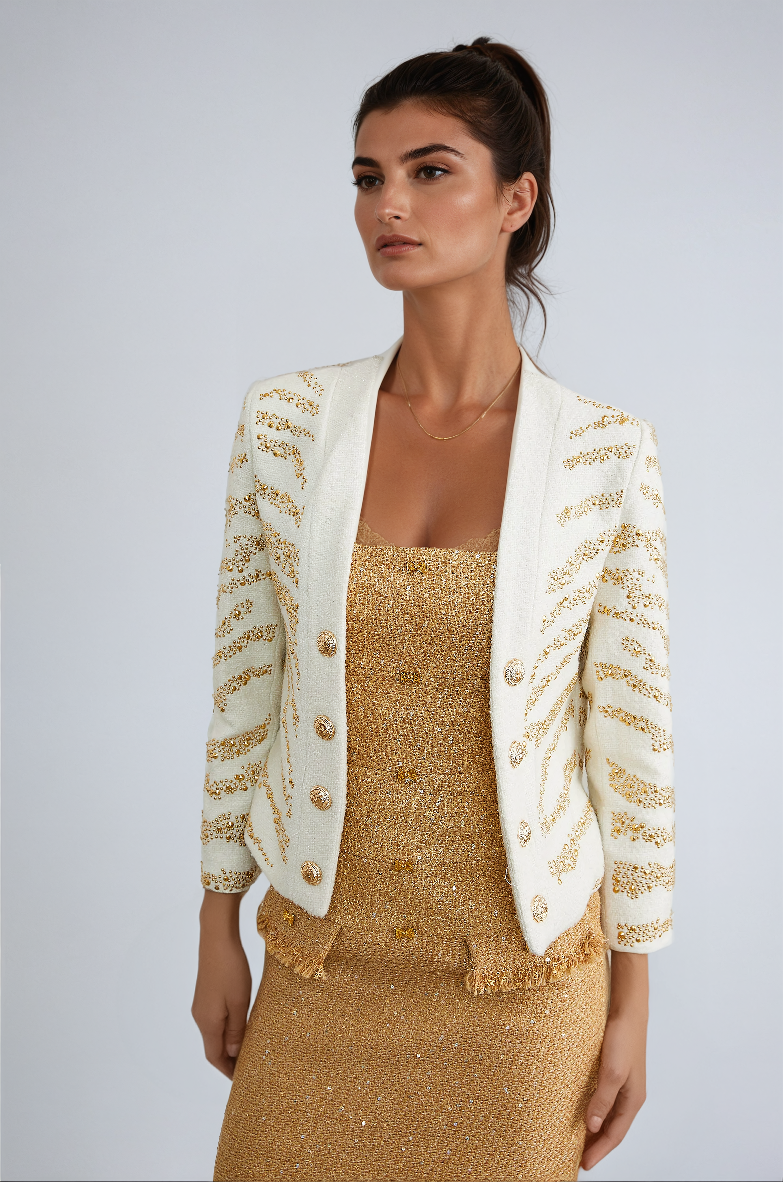 White Collarless Jacket with Embellished Details