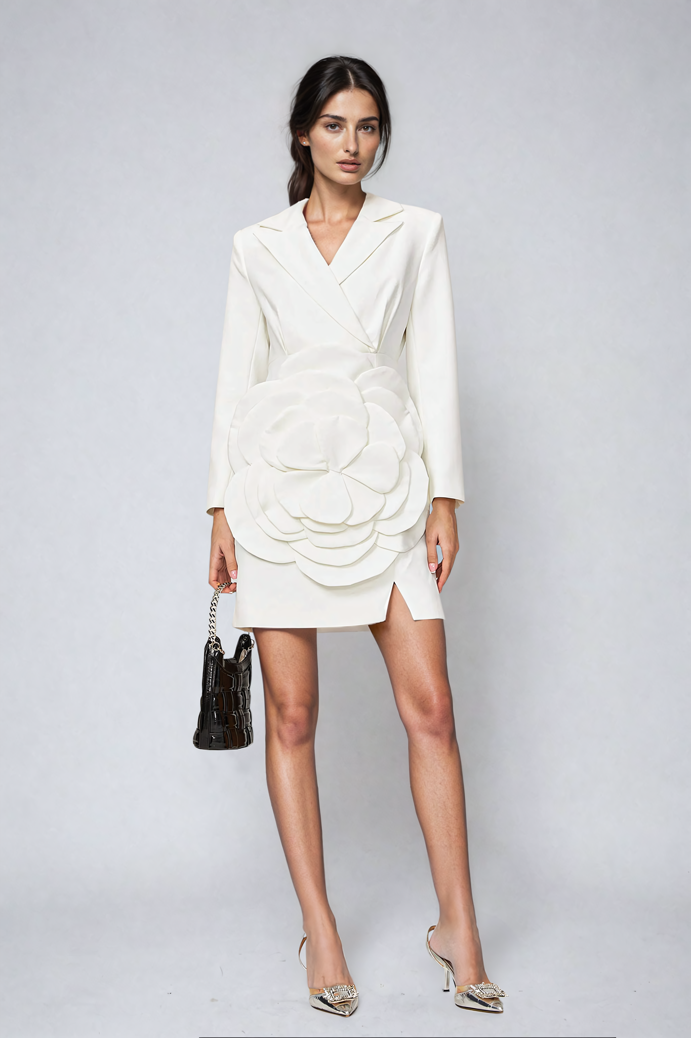 white blazer dress with flower