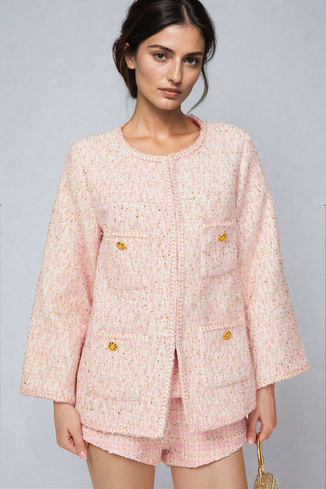 Pink tweed jacket with braided edges