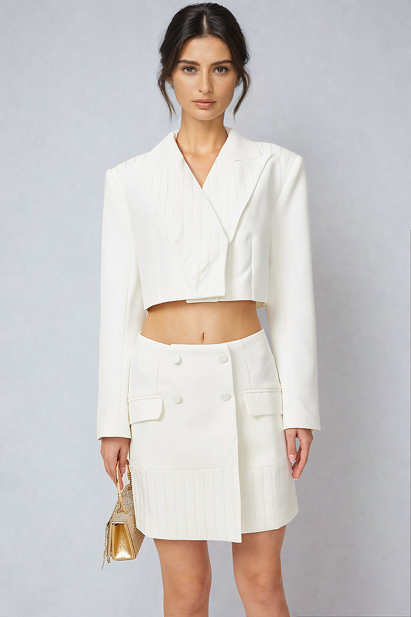 White embellished jacket and skirt set