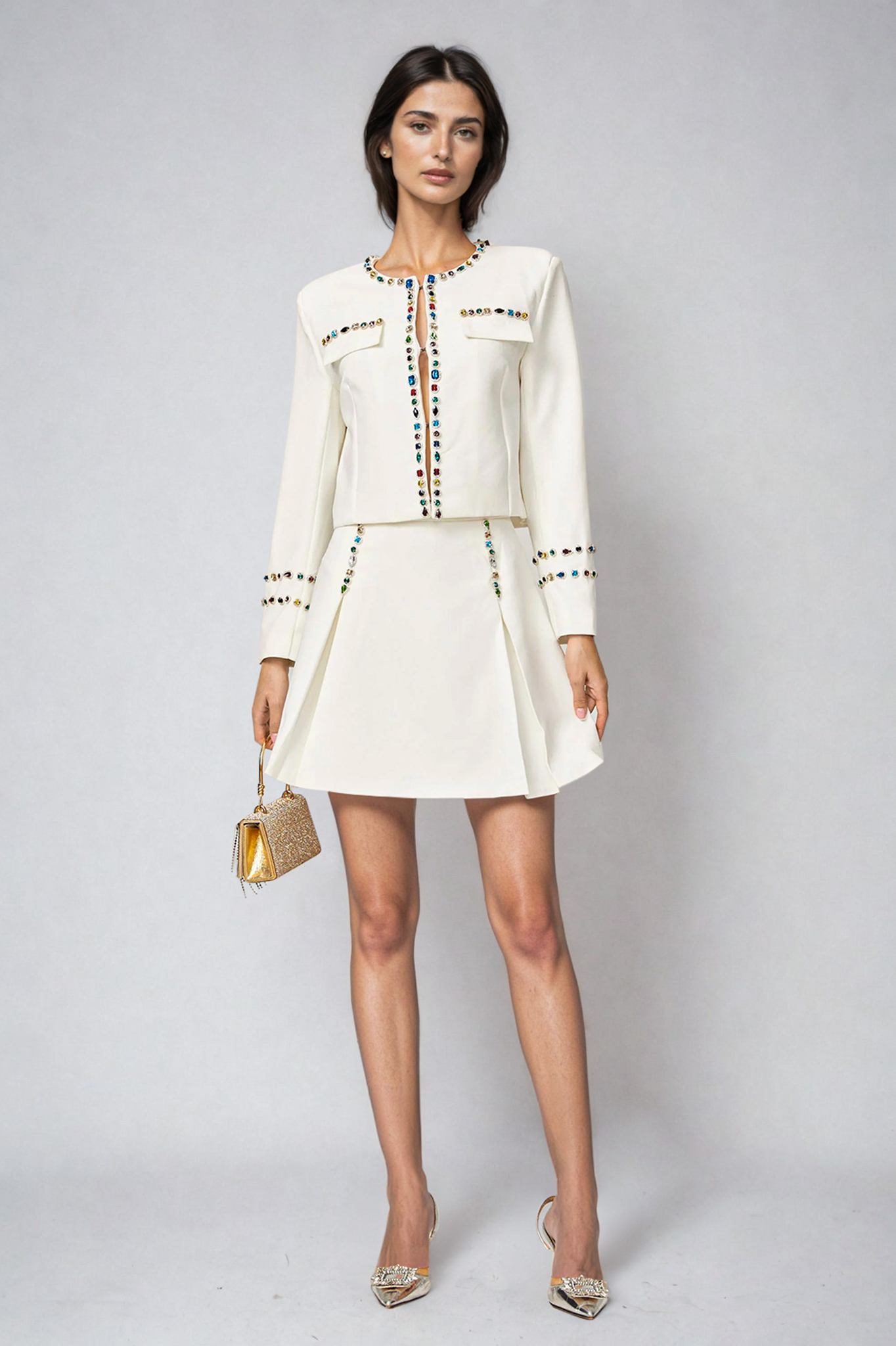 White crystal-trim jacket and skirt set