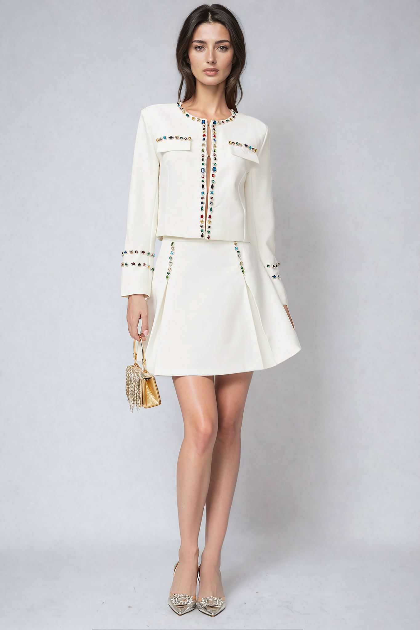 White crystal-trim jacket and skirt set