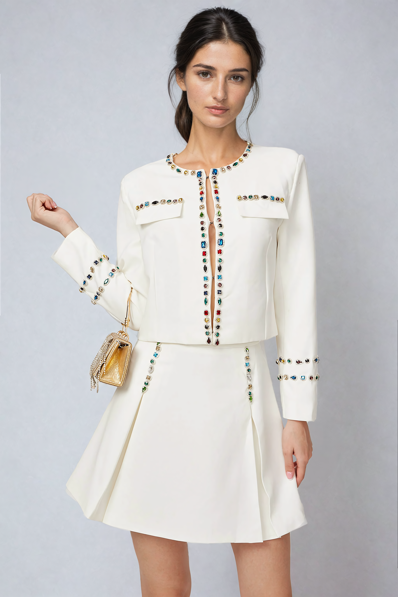 White crystal-trim jacket and skirt set