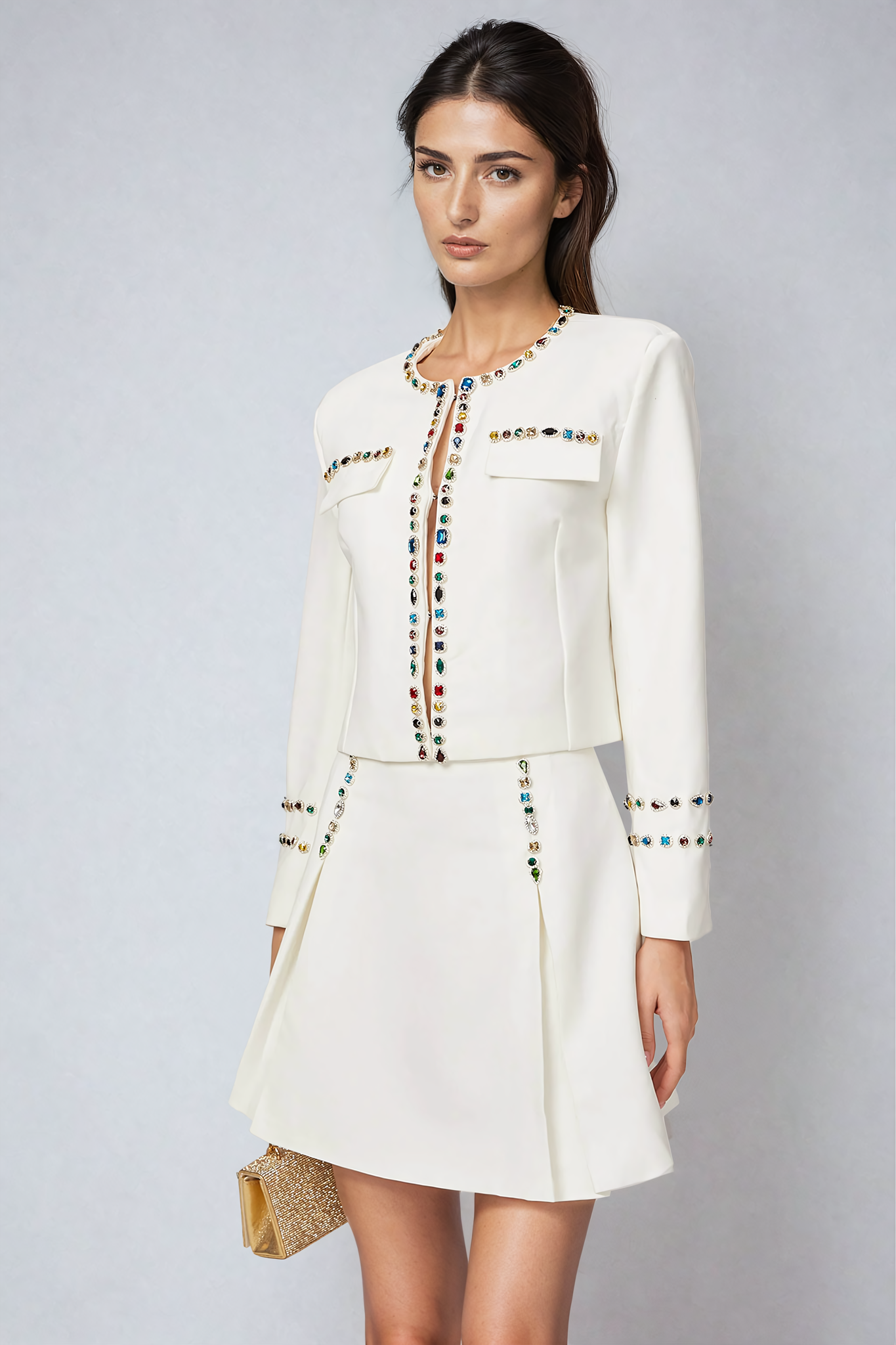 White crystal-trim jacket and skirt set