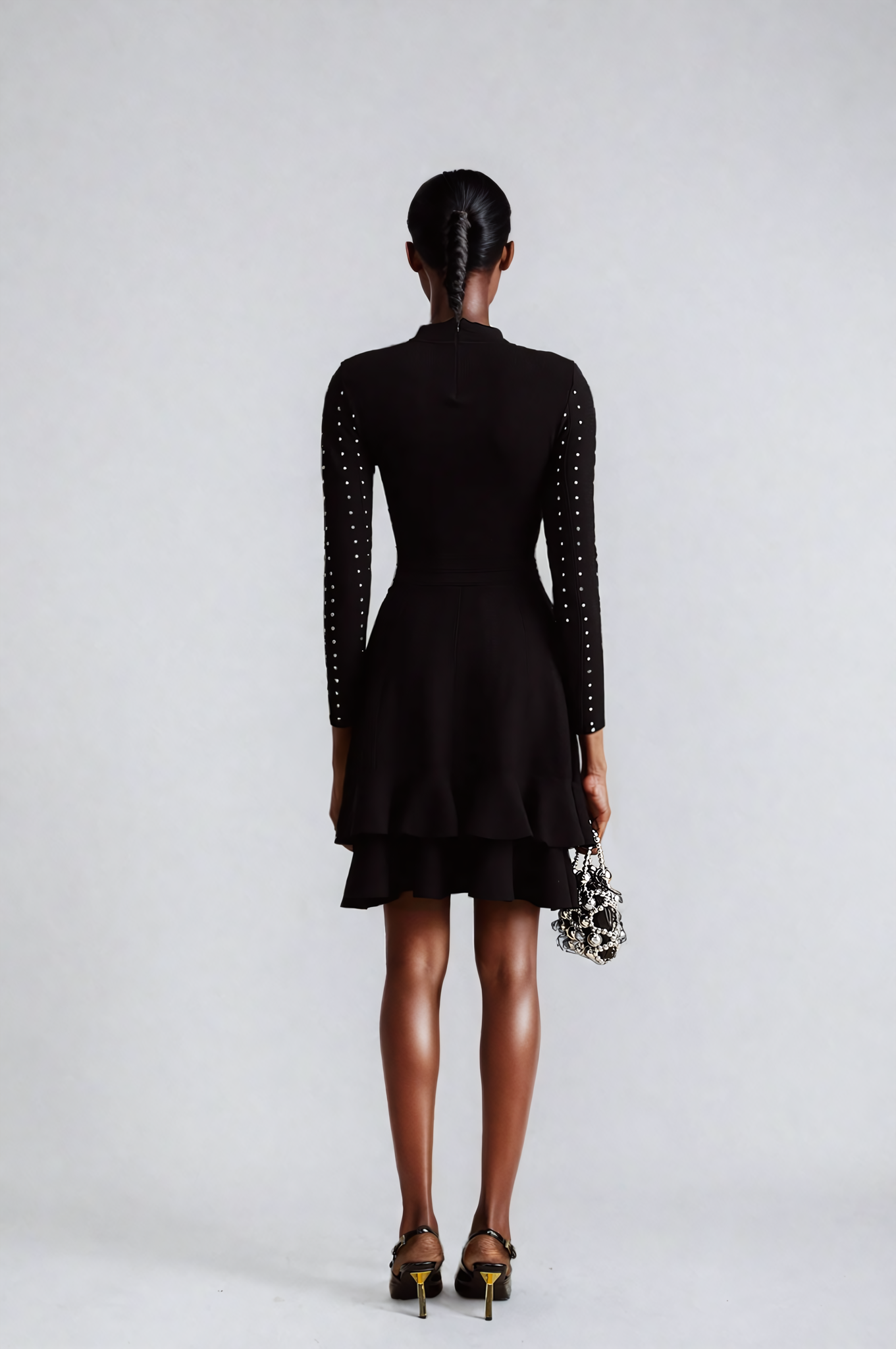 Black Crystal-Embellished Ruffled Knitted Mini Dress