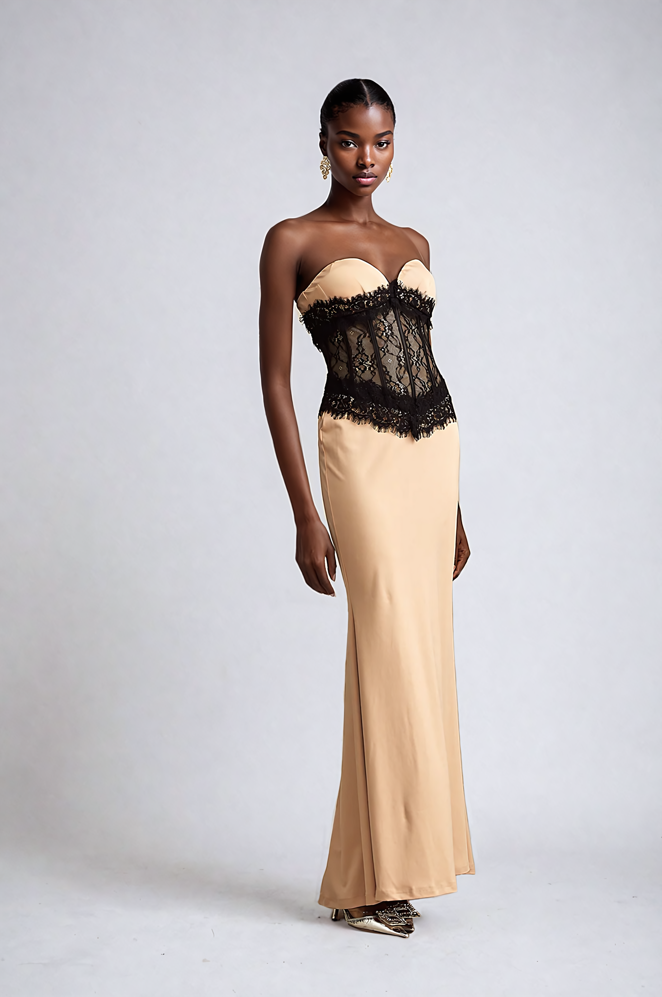 Lace-Panel Off-Shoulder Corset Maxi Dress