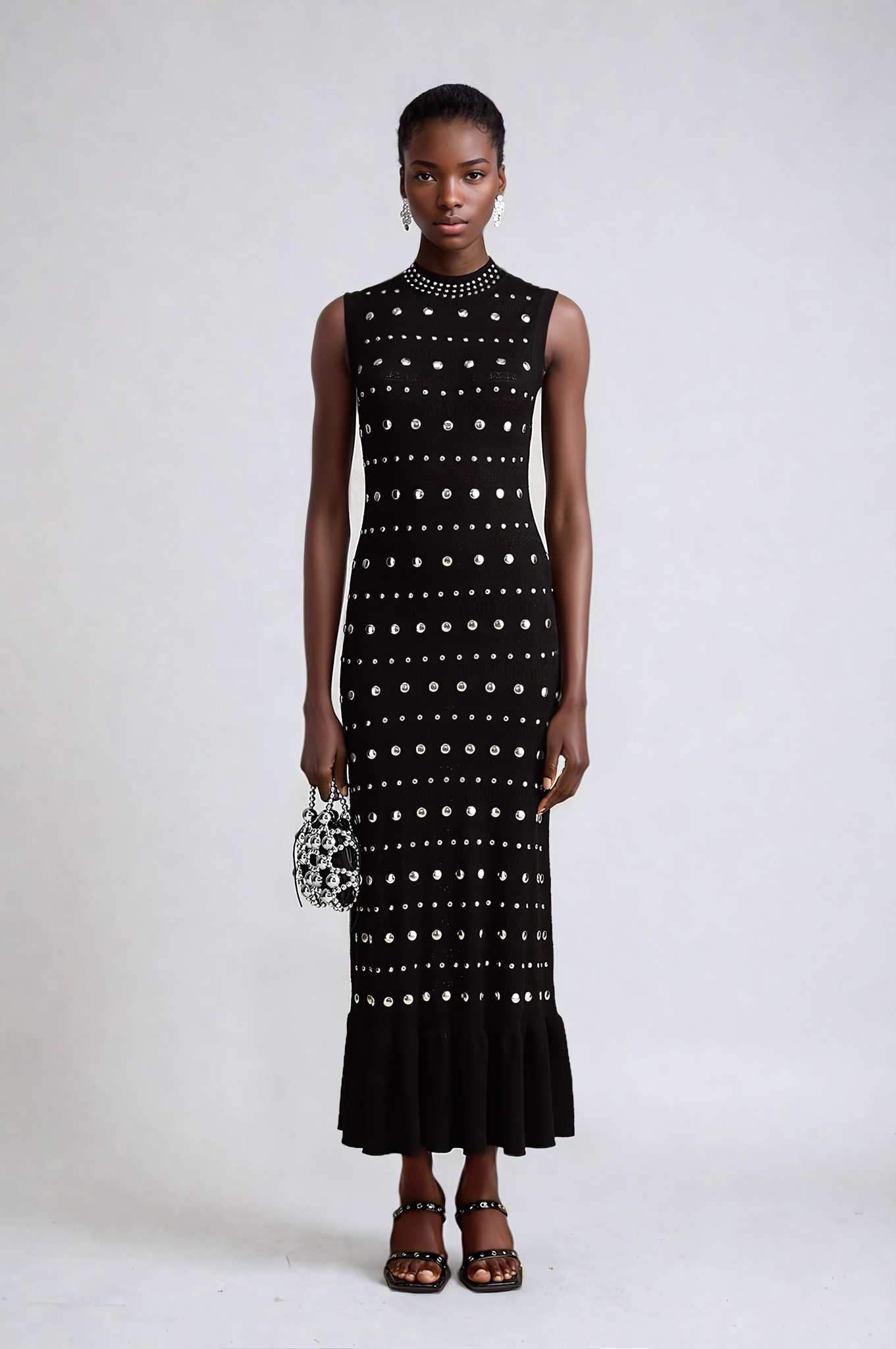 Black Studded Crochet-Knit Maxi Dress