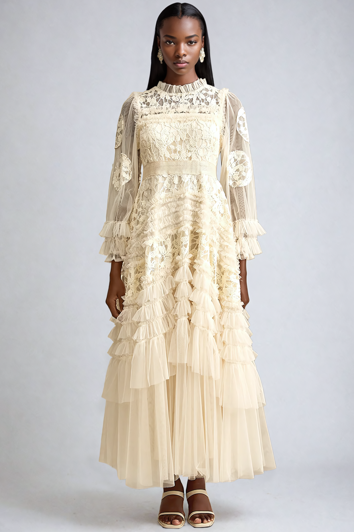 Floral-Embroidered Layered Tulle Maxi Dress