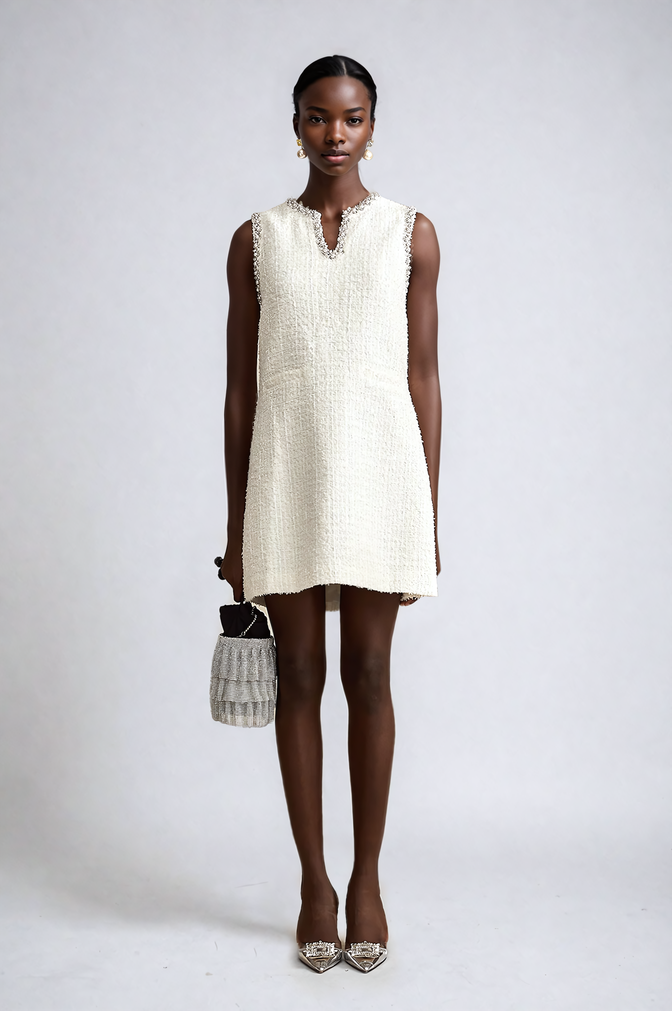 White Embellished Sleeveless Tweed Mini Dress