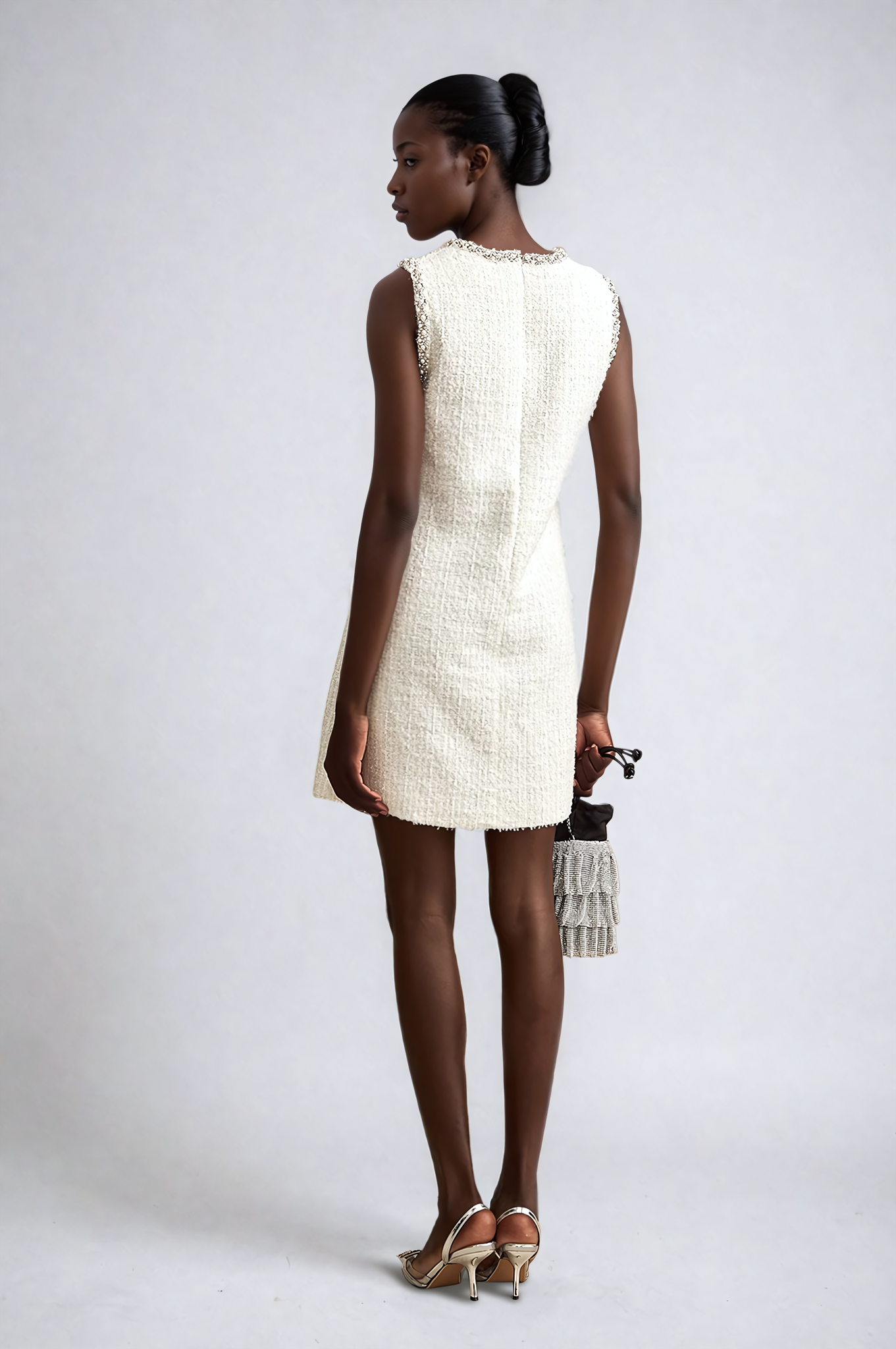 White Embellished Sleeveless Tweed Mini Dress