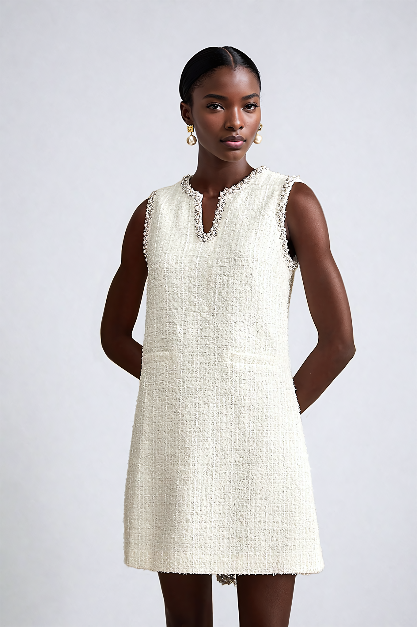 White Embellished Sleeveless Tweed Mini Dress