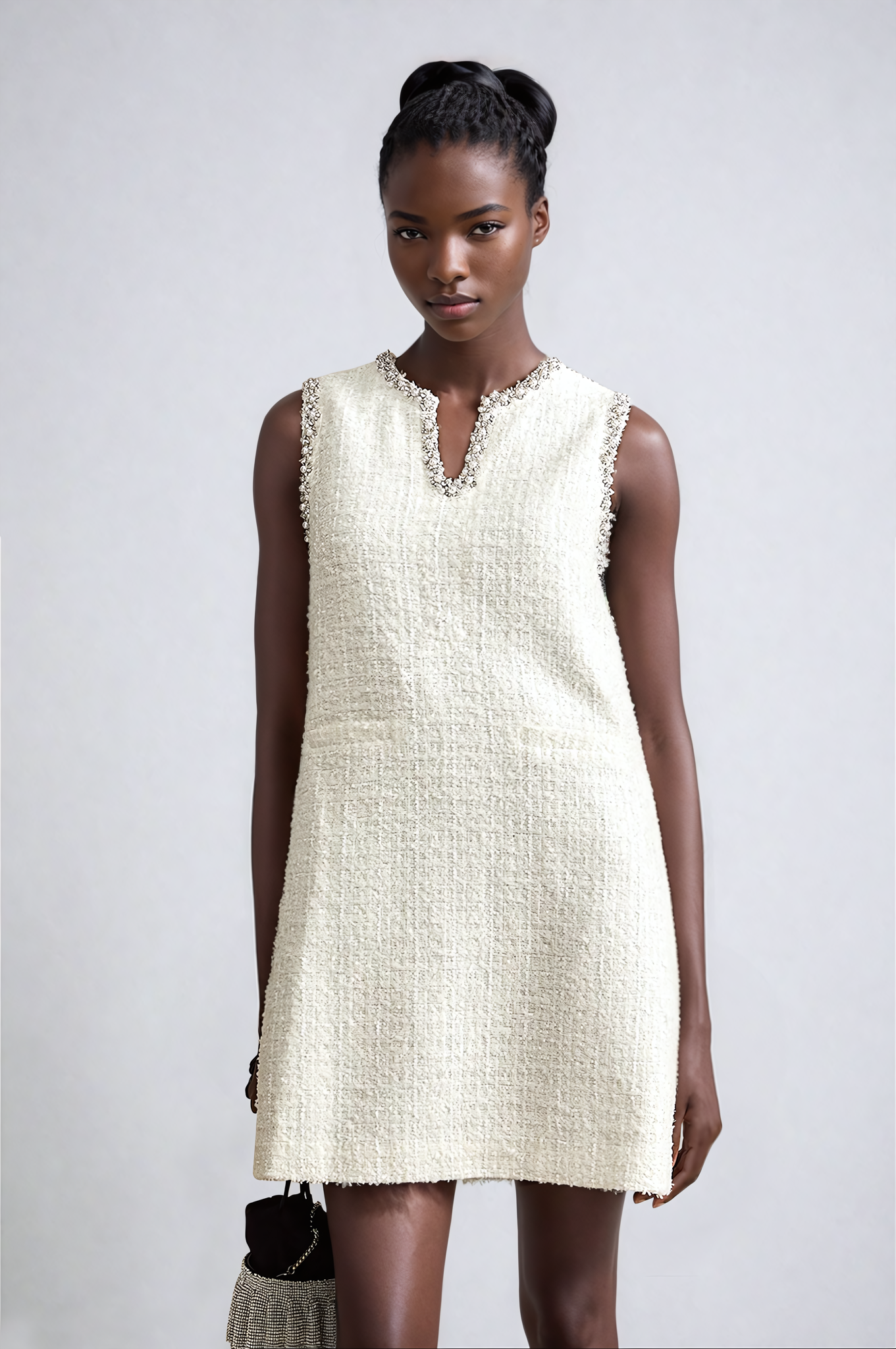 White Embellished Sleeveless Tweed Mini Dress