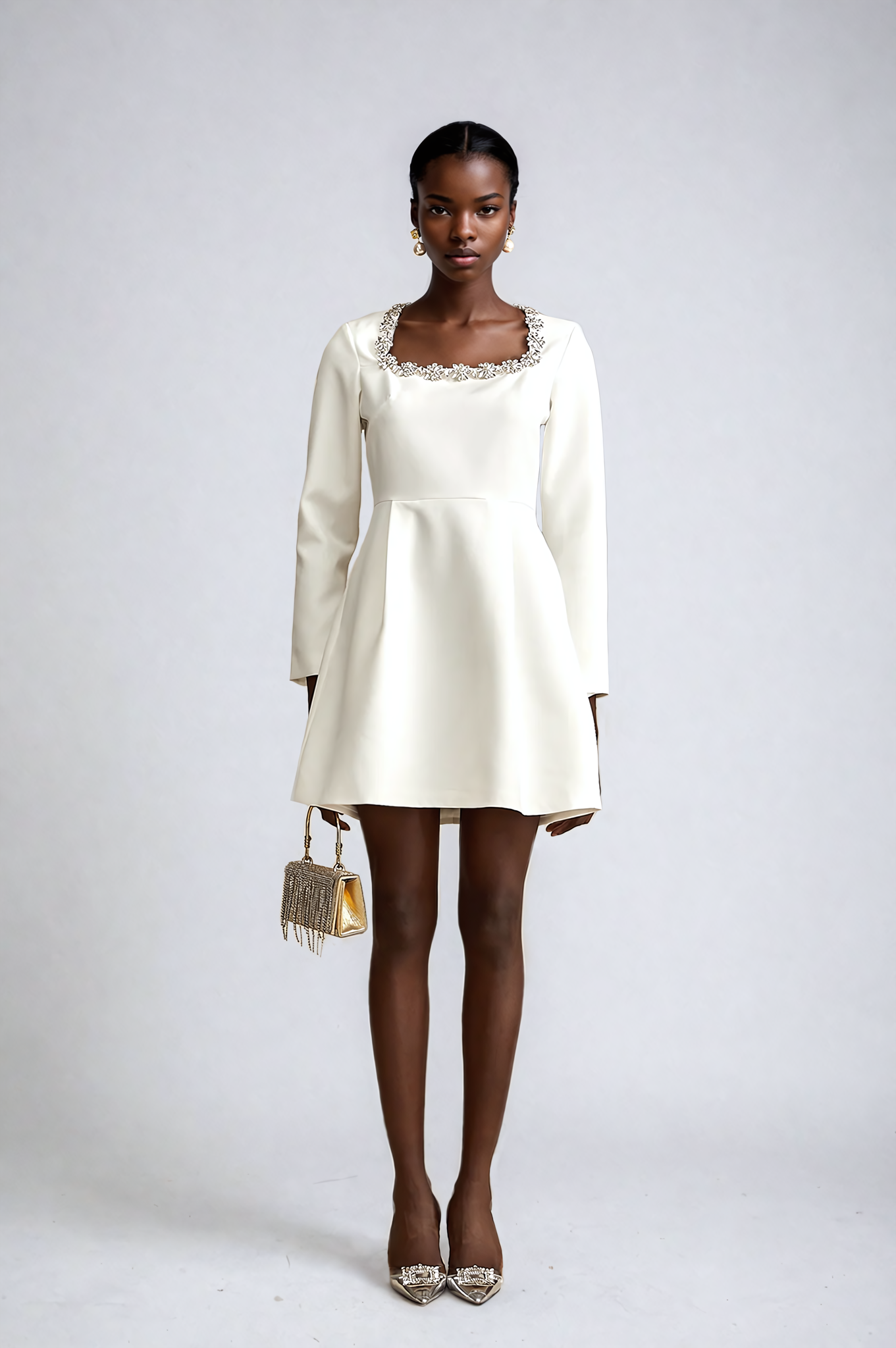 White Crystal-Embellished A-Line Mini Dress